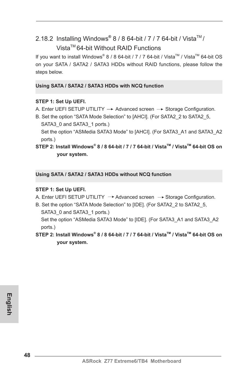 2 installing windows, Vista, Bit without raid functions | English | ASRock Z77 Extreme6__TB4 User Manual | Page 48 / 206