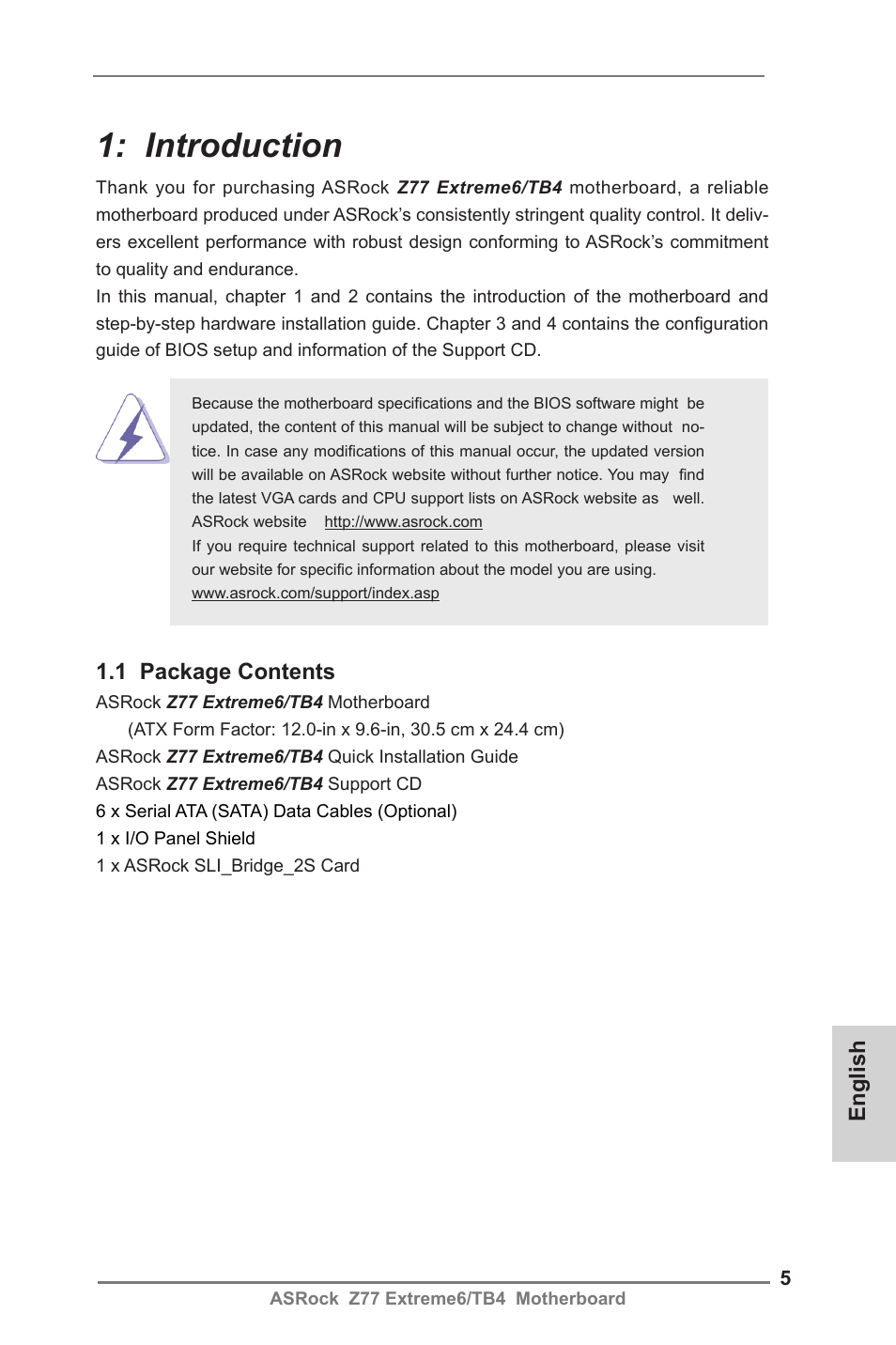 English, Introduction, 1 package contents | ASRock Z77 Extreme6__TB4 User Manual | Page 5 / 206