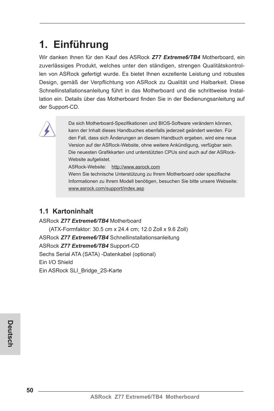 German, Einführung, 1 kartoninhalt | Deutsch | ASRock Z77 Extreme6__TB4 User Manual | Page 50 / 206