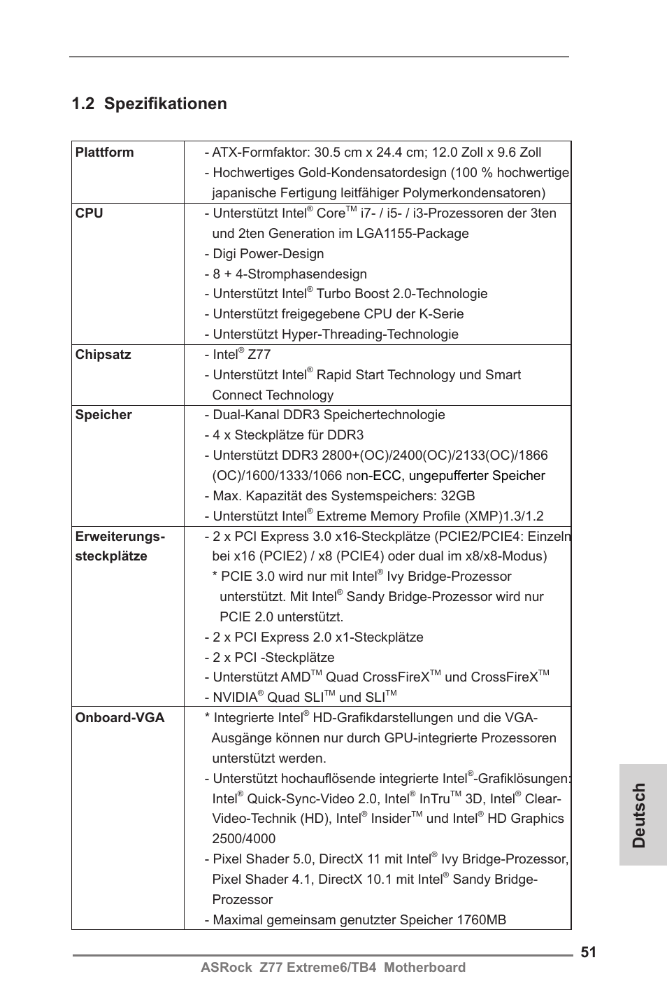 2 spezifikationen, Deutsch | ASRock Z77 Extreme6__TB4 User Manual | Page 51 / 206