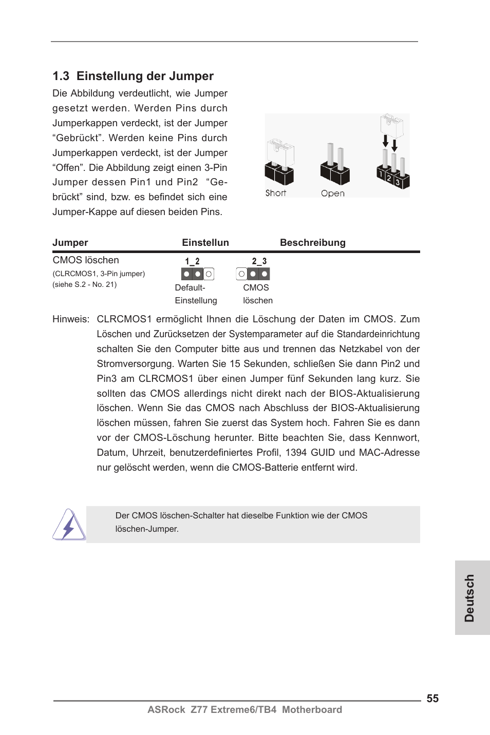 3 einstellung der jumper, Deutsch | ASRock Z77 Extreme6__TB4 User Manual | Page 55 / 206