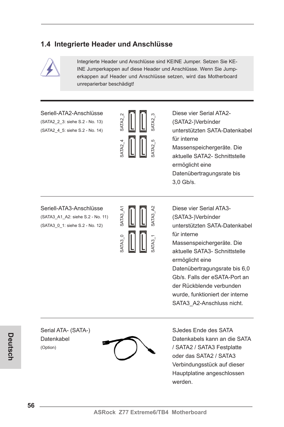 4 integrierte header und anschlüsse, Deutsch | ASRock Z77 Extreme6__TB4 User Manual | Page 56 / 206