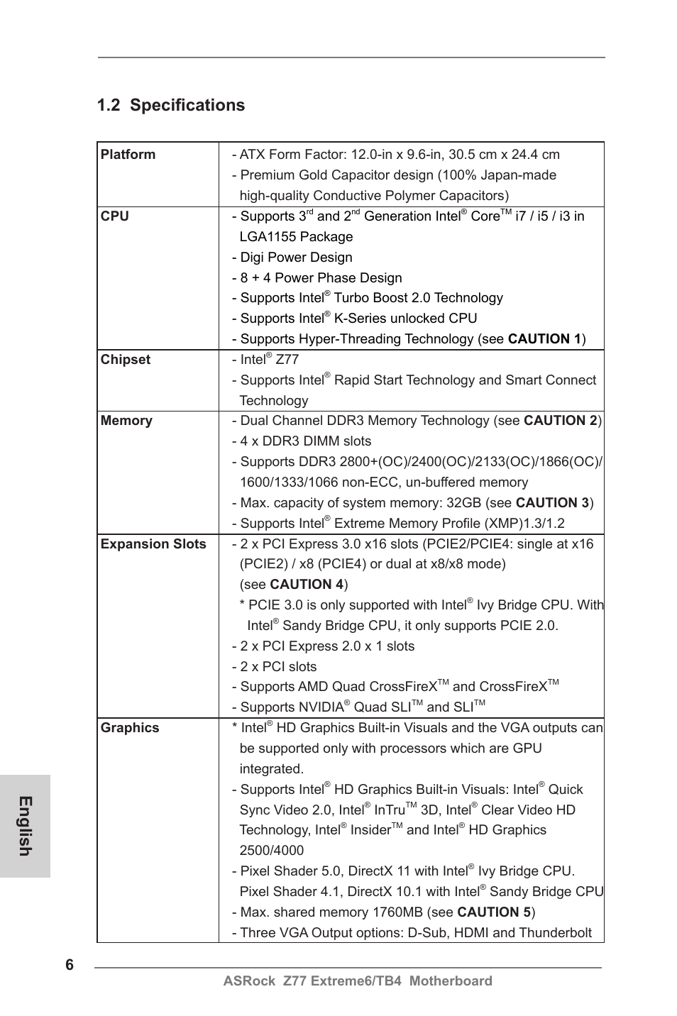 2 specifications, English | ASRock Z77 Extreme6__TB4 User Manual | Page 6 / 206