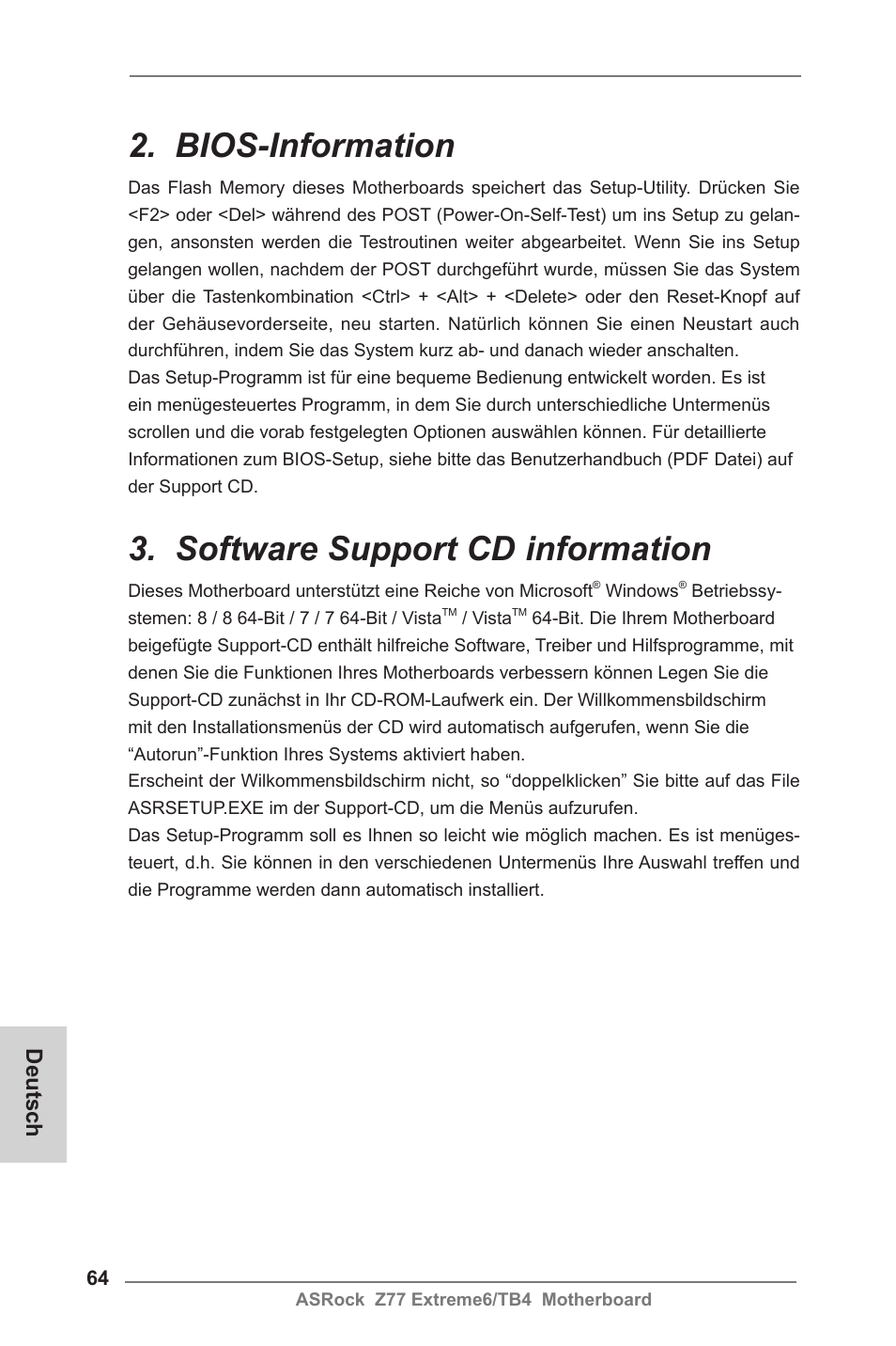 Bios-information, Software support cd information, Deutsch | ASRock Z77 Extreme6__TB4 User Manual | Page 64 / 206