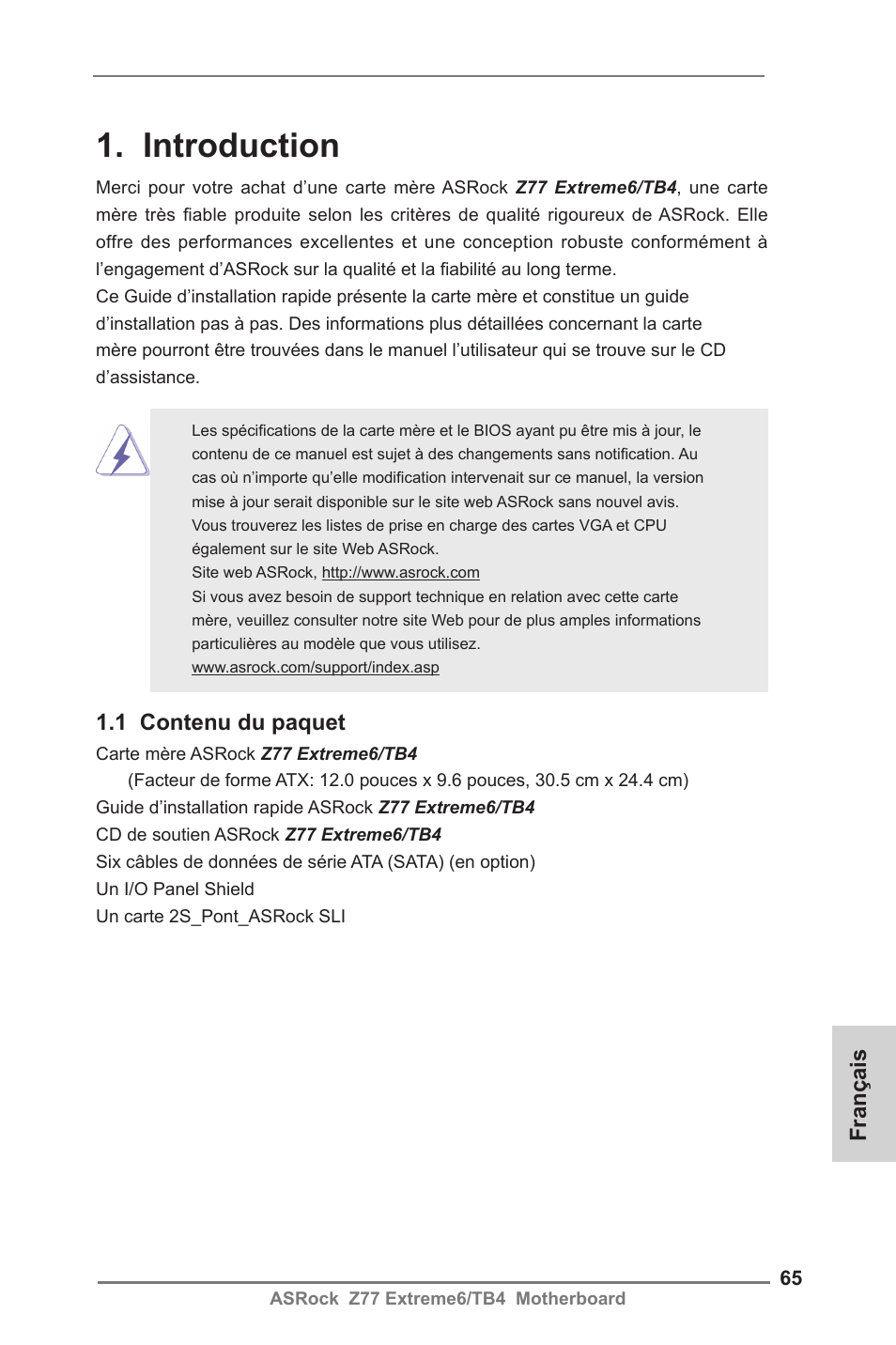 French, Introduction, 1 contenu du paquet | Français | ASRock Z77 Extreme6__TB4 User Manual | Page 65 / 206