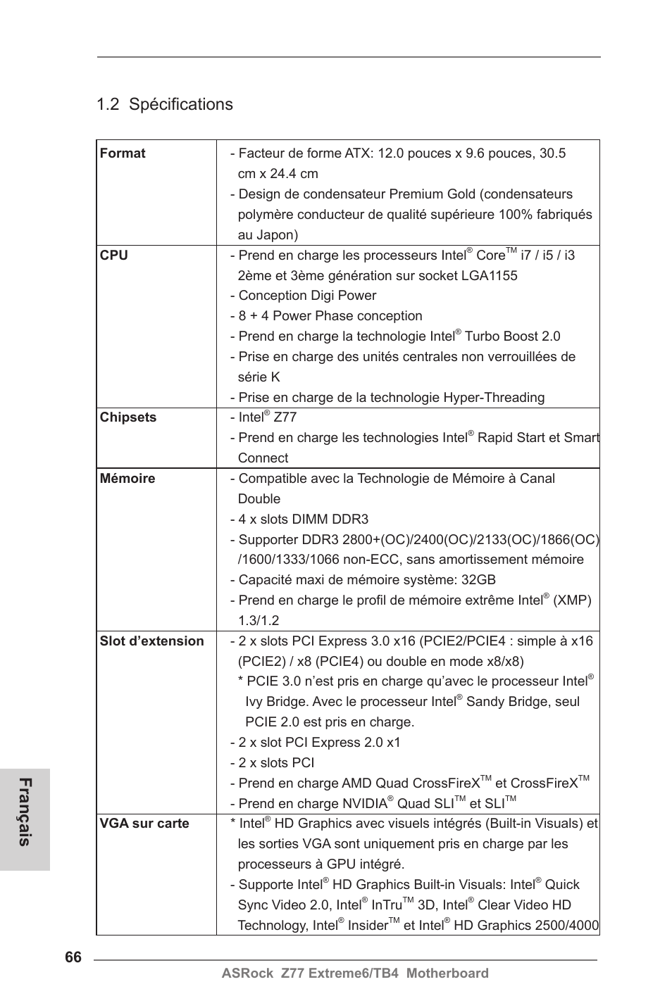 2 spécifications, Français | ASRock Z77 Extreme6__TB4 User Manual | Page 66 / 206