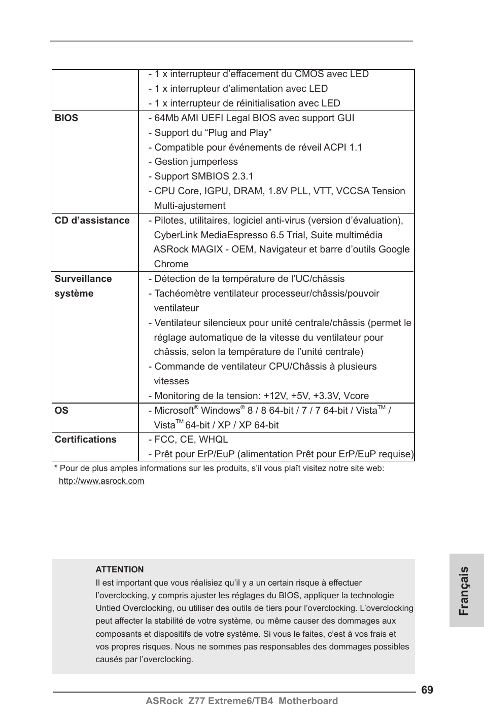 Français | ASRock Z77 Extreme6__TB4 User Manual | Page 69 / 206