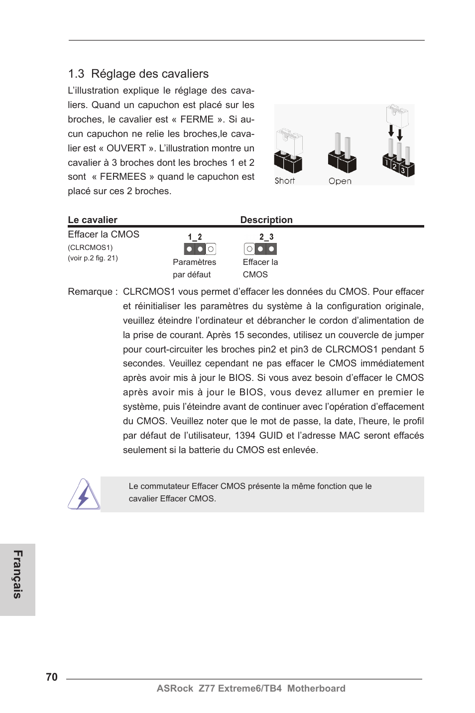 3 réglage des cavaliers, Français | ASRock Z77 Extreme6__TB4 User Manual | Page 70 / 206