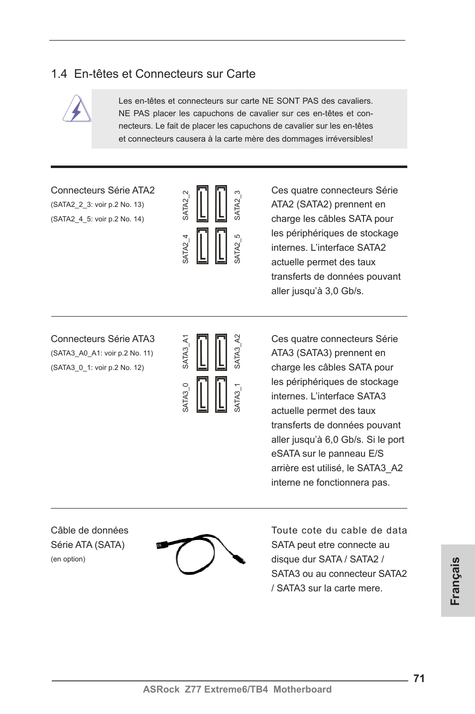 4 en-têtes et connecteurs sur carte, Français | ASRock Z77 Extreme6__TB4 User Manual | Page 71 / 206