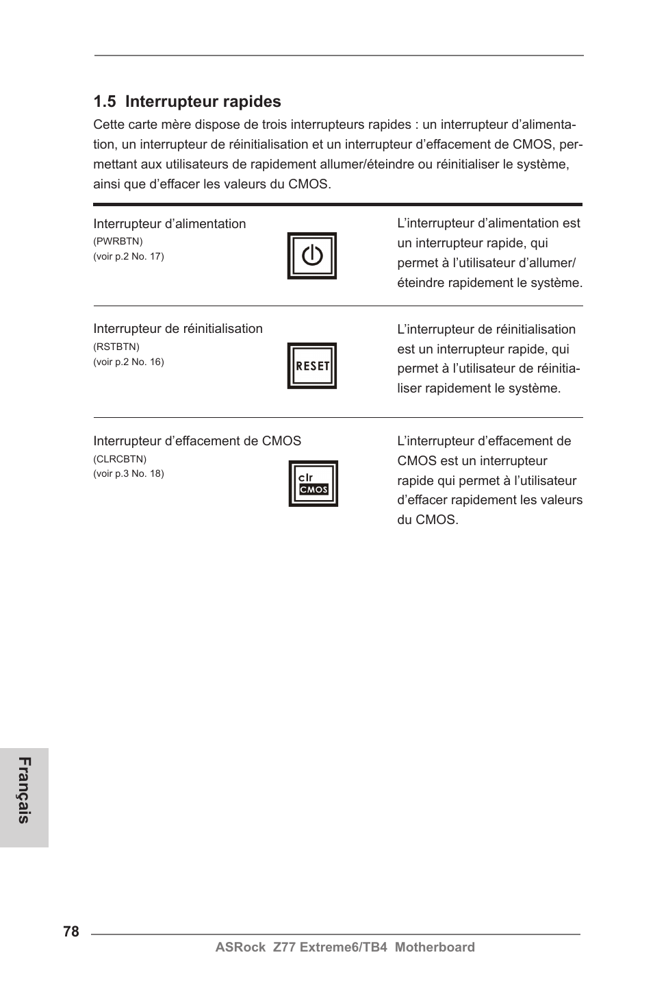 5 interrupteur rapides, Français | ASRock Z77 Extreme6__TB4 User Manual | Page 78 / 206