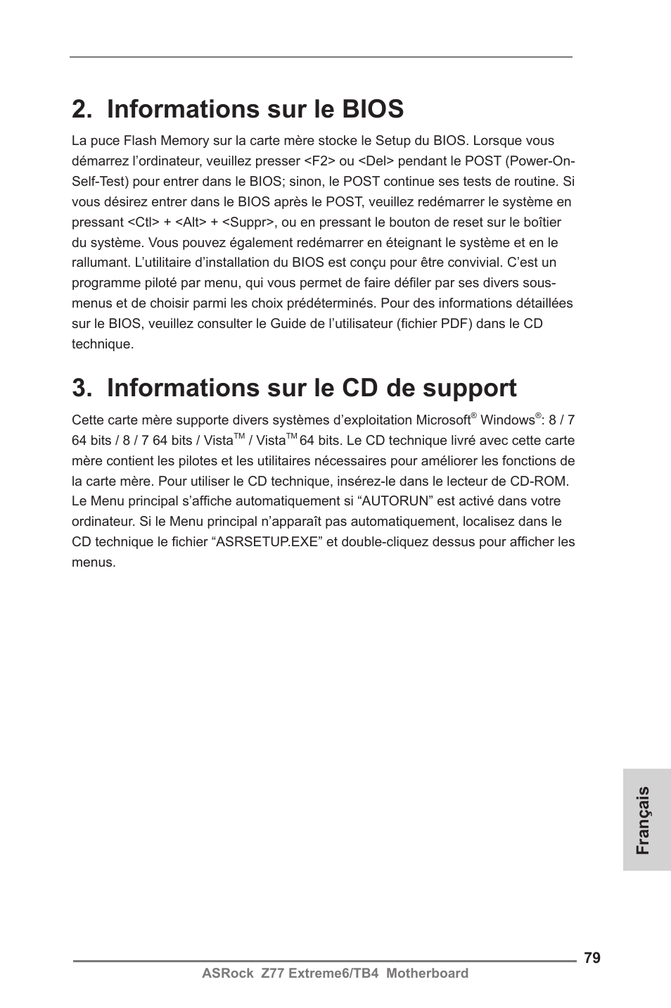 Informations sur le bios, Informations sur le cd de support, Français | ASRock Z77 Extreme6__TB4 User Manual | Page 79 / 206