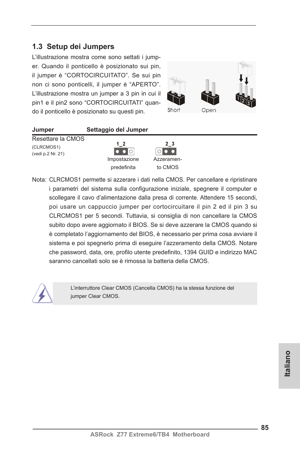 3 setup dei jumpers, Italiano | ASRock Z77 Extreme6__TB4 User Manual | Page 85 / 206