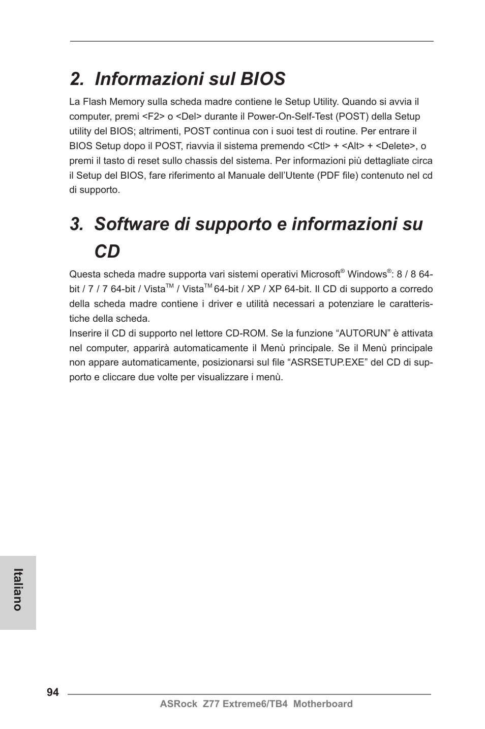 Informazioni sul bios, Software di supporto e informazioni su cd, Italiano | ASRock Z77 Extreme6__TB4 User Manual | Page 94 / 206
