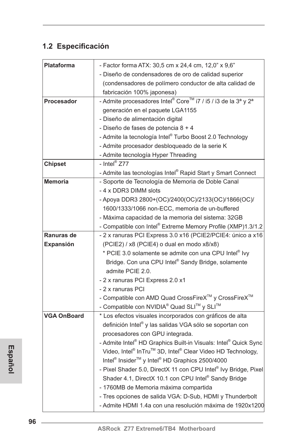 2 especificación, Español | ASRock Z77 Extreme6__TB4 User Manual | Page 96 / 206