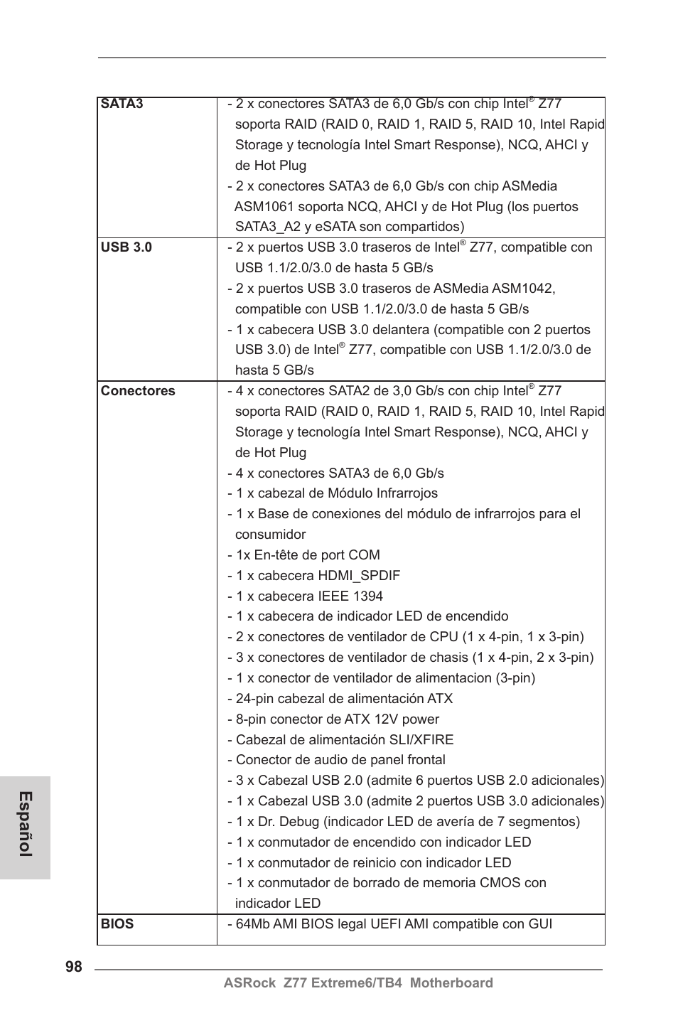 Español | ASRock Z77 Extreme6__TB4 User Manual | Page 98 / 206