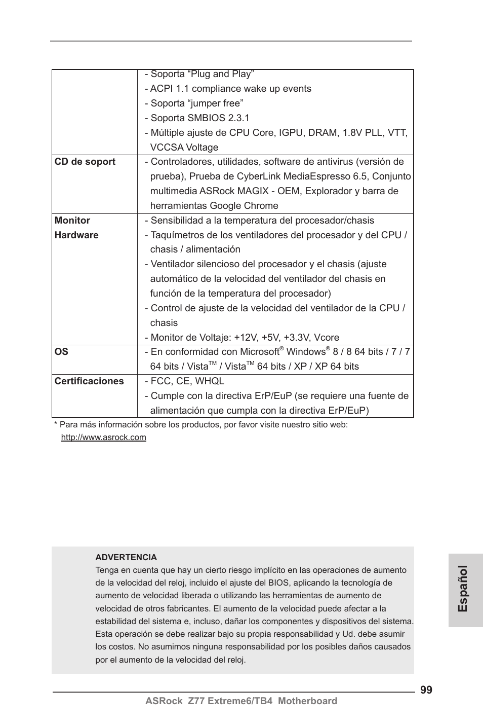 Español | ASRock Z77 Extreme6__TB4 User Manual | Page 99 / 206