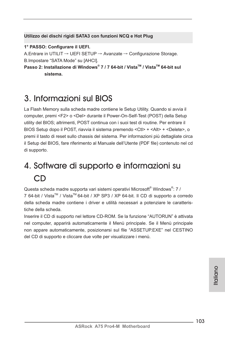 Informazioni sul bios, Software di supporto e informazioni su cd, Italiano | ASRock A75 Pro4-M User Manual | Page 103 / 260