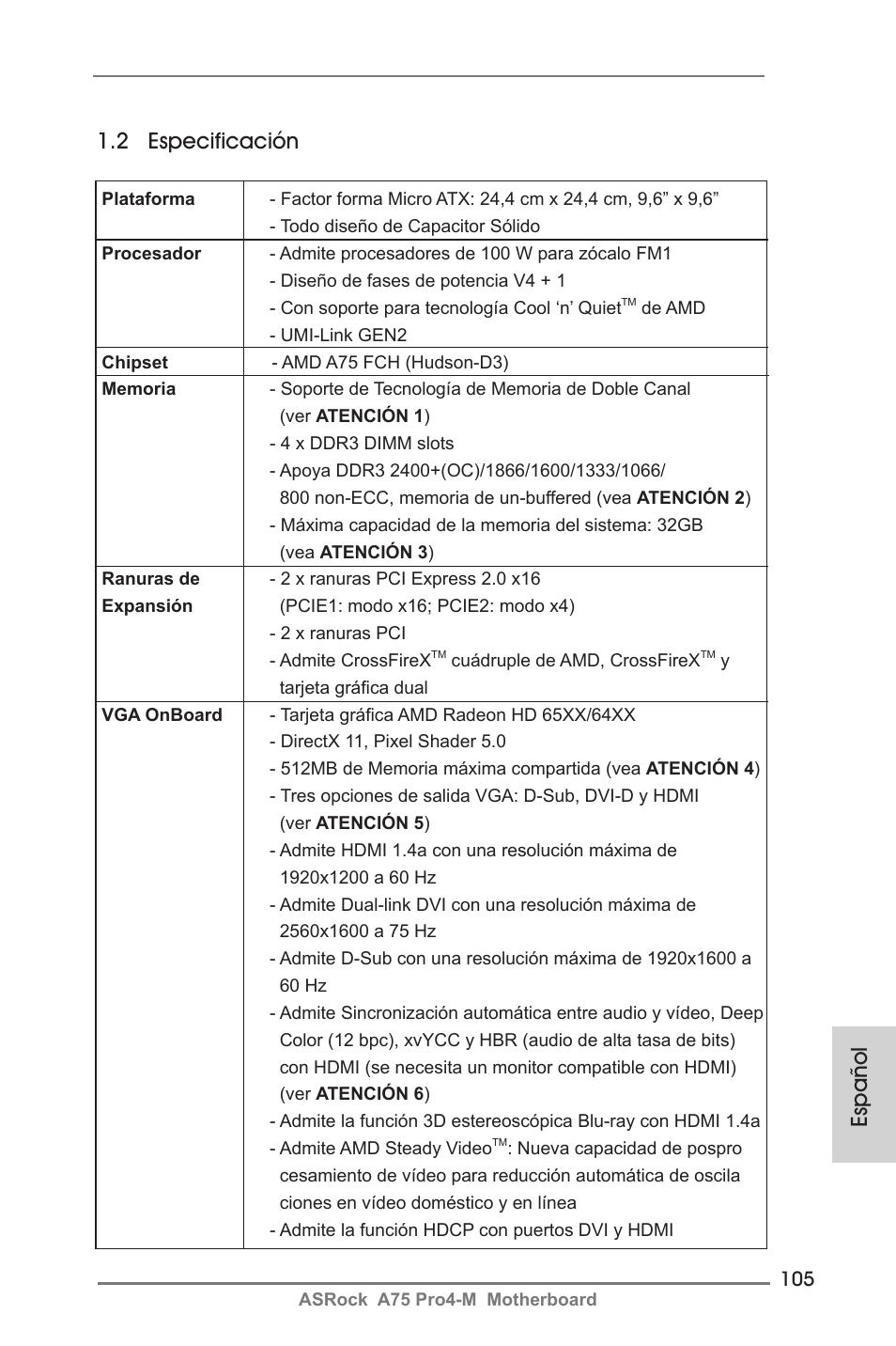 Español 1.2 especificación | ASRock A75 Pro4-M User Manual | Page 105 / 260