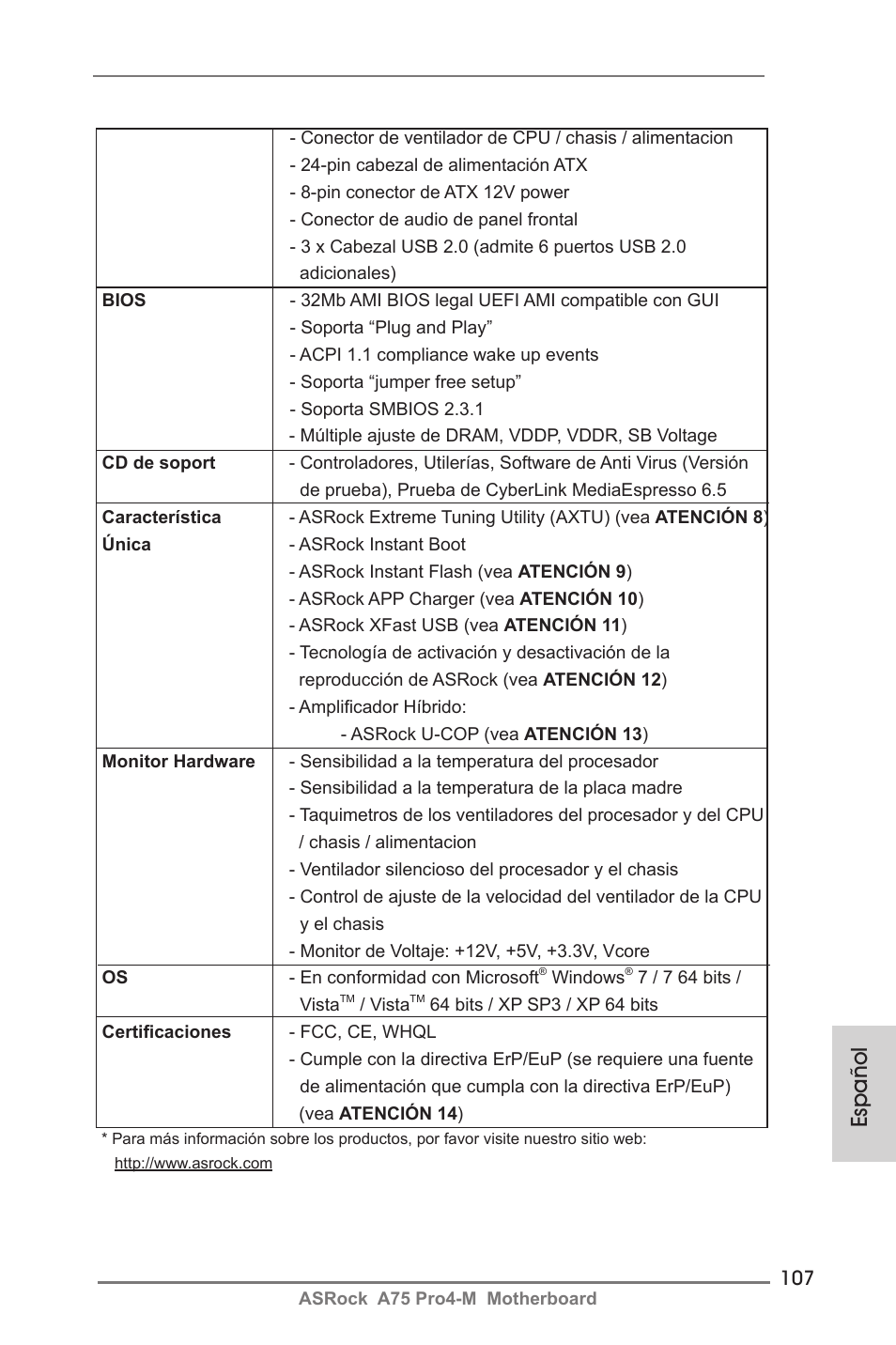 Español | ASRock A75 Pro4-M User Manual | Page 107 / 260
