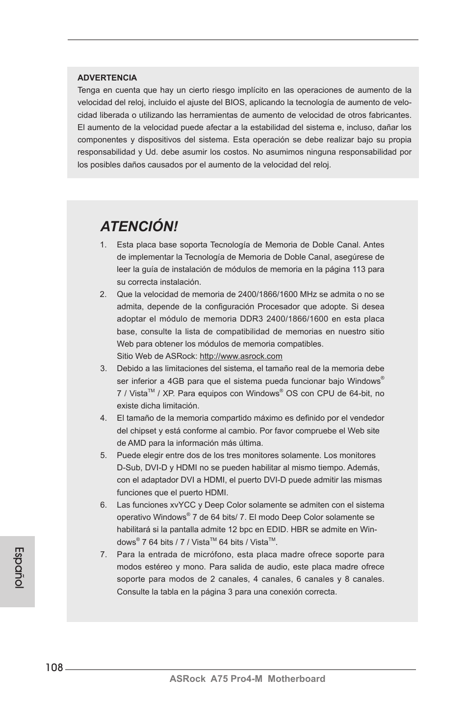 Atención, Español, Asrock a75 pro4-m motherboard | ASRock A75 Pro4-M User Manual | Page 108 / 260