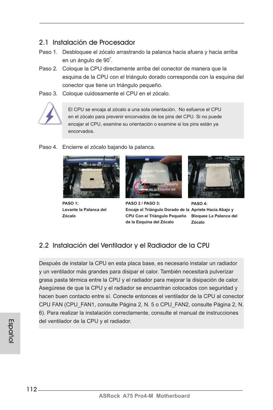 1 instalación de procesador, Español | ASRock A75 Pro4-M User Manual | Page 112 / 260