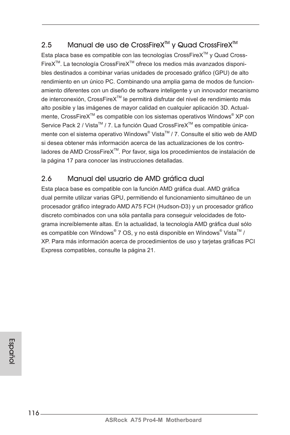 Español 2.5 manual de uso de crossfirex, Y quad crossfirex, 6 manual del usuario de amd gráfica dual | ASRock A75 Pro4-M User Manual | Page 116 / 260