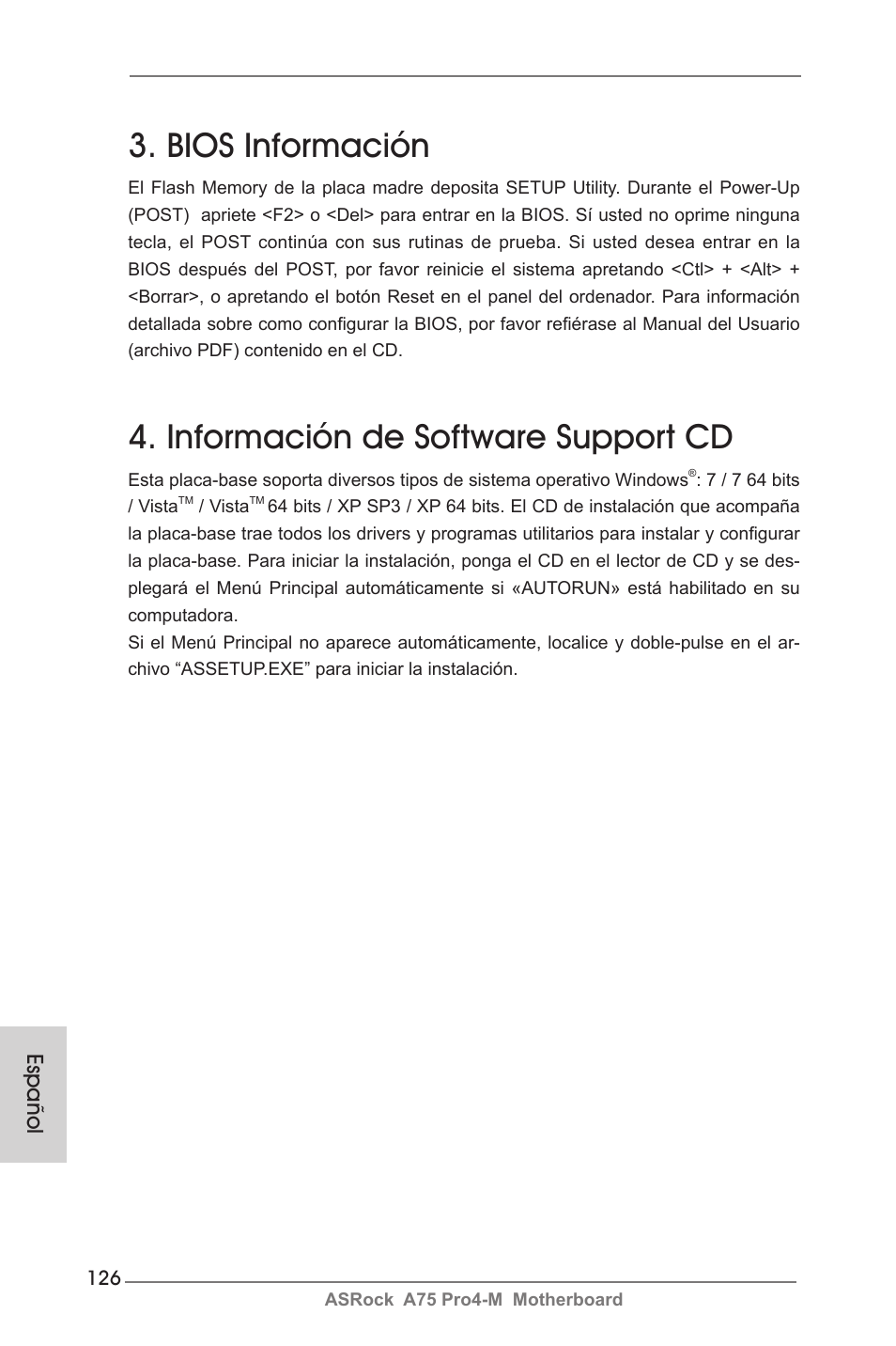 Bios información, Información de software support cd, Español | ASRock A75 Pro4-M User Manual | Page 126 / 260
