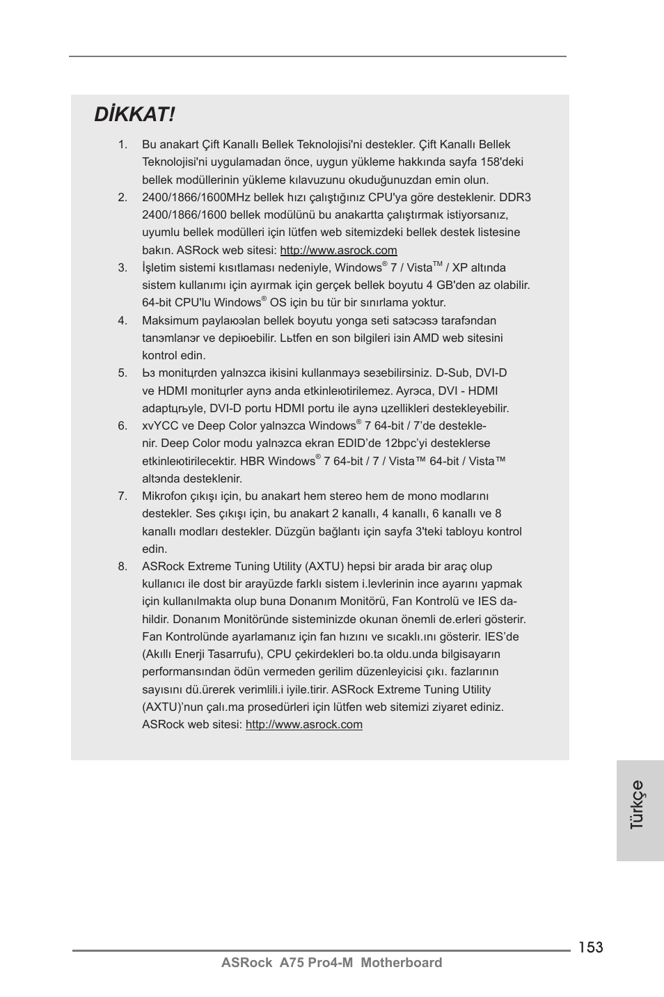 Dikkat, Türkçe | ASRock A75 Pro4-M User Manual | Page 153 / 260