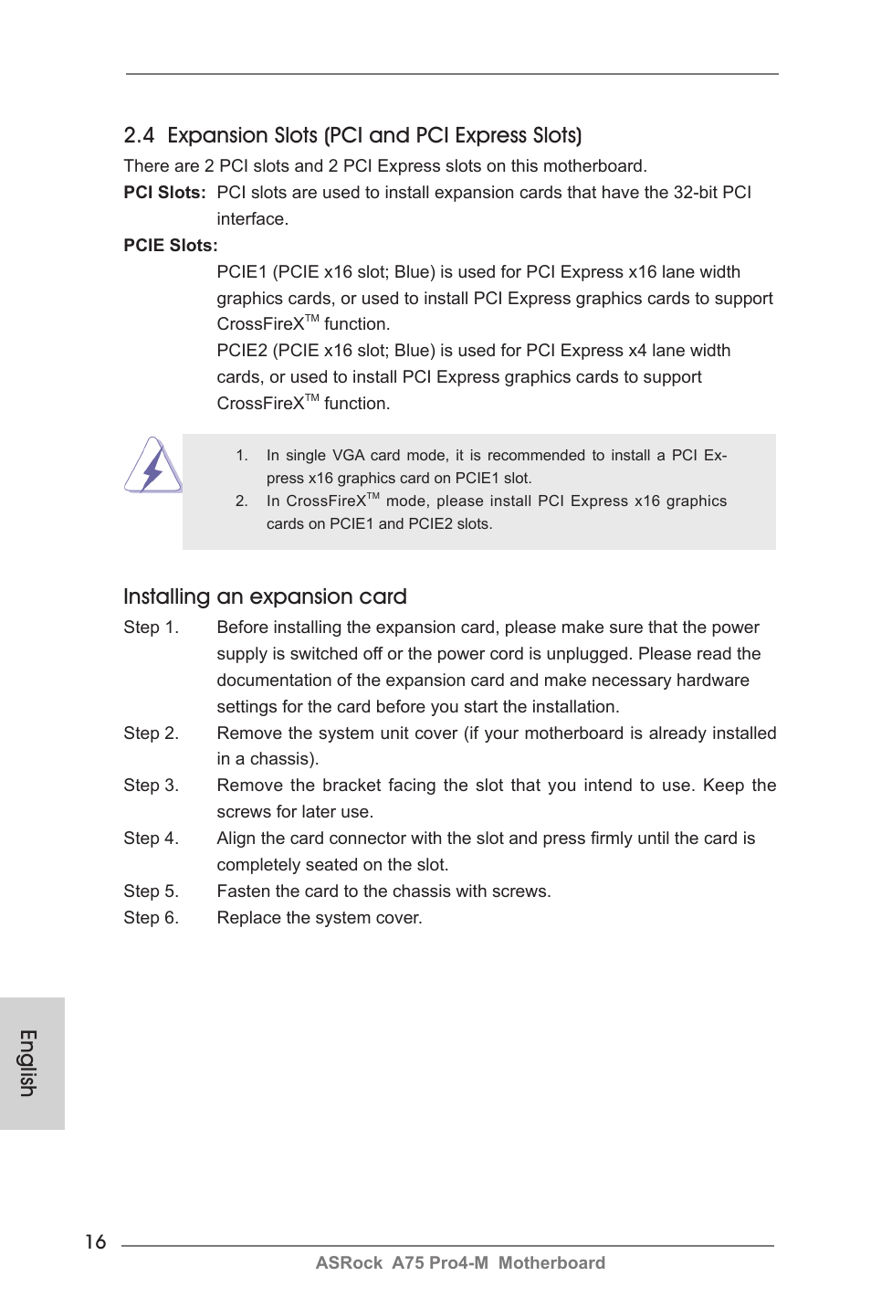 Installing an expansion card | ASRock A75 Pro4-M User Manual | Page 16 / 260