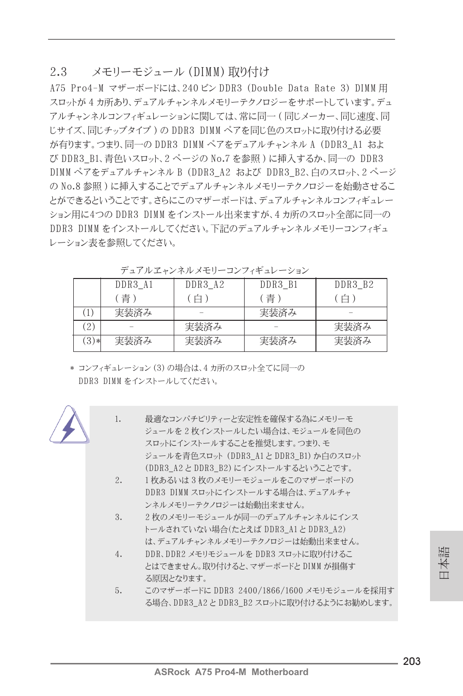 日本語 2.3 メモリーモジュール (dimm) 取り付け | ASRock A75 Pro4-M User Manual | Page 203 / 260