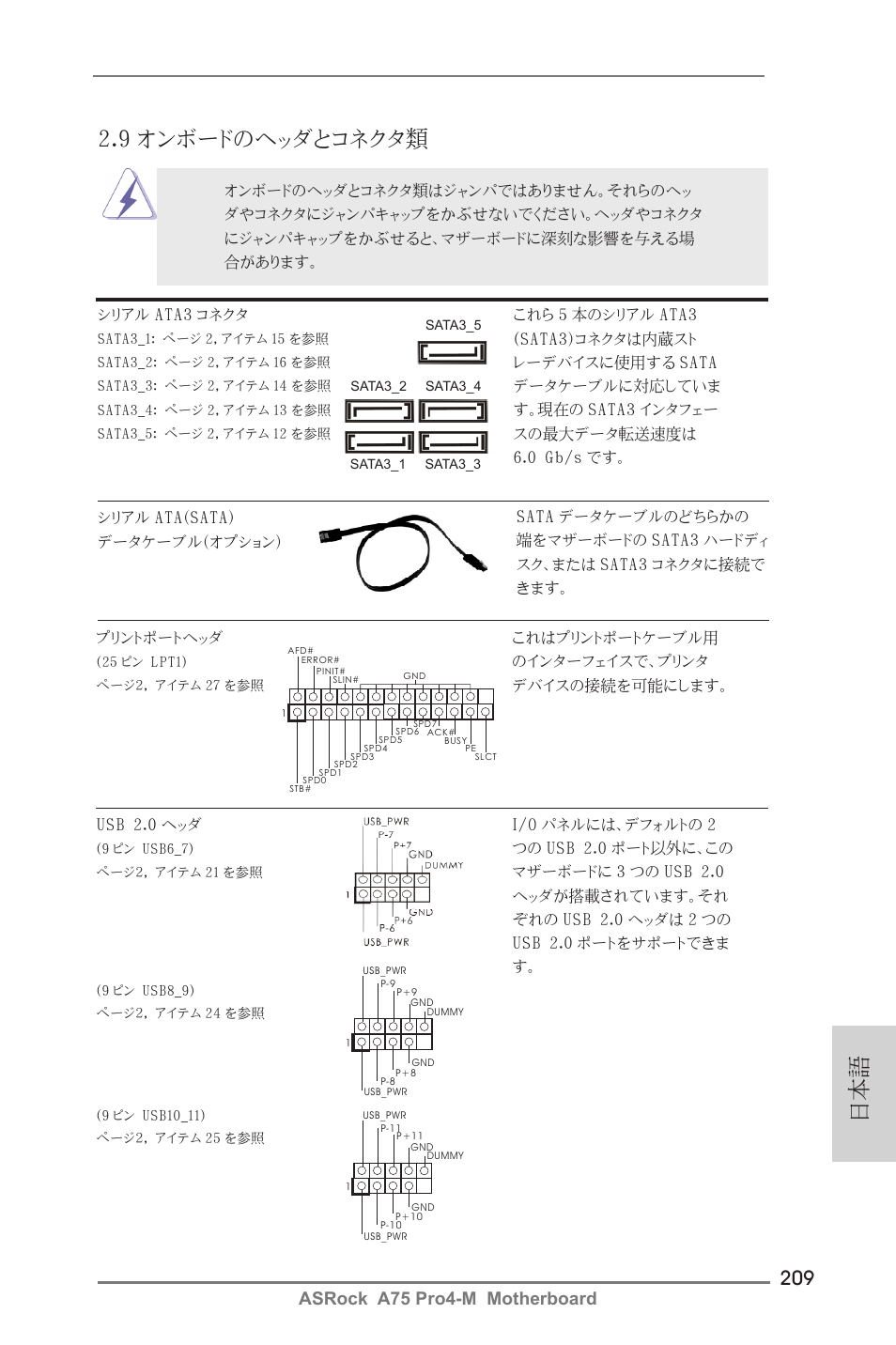 9 オンボードのヘッダとコネクタ類, Asrock a75 pro4-m motherboard | ASRock A75 Pro4-M User Manual | Page 209 / 260