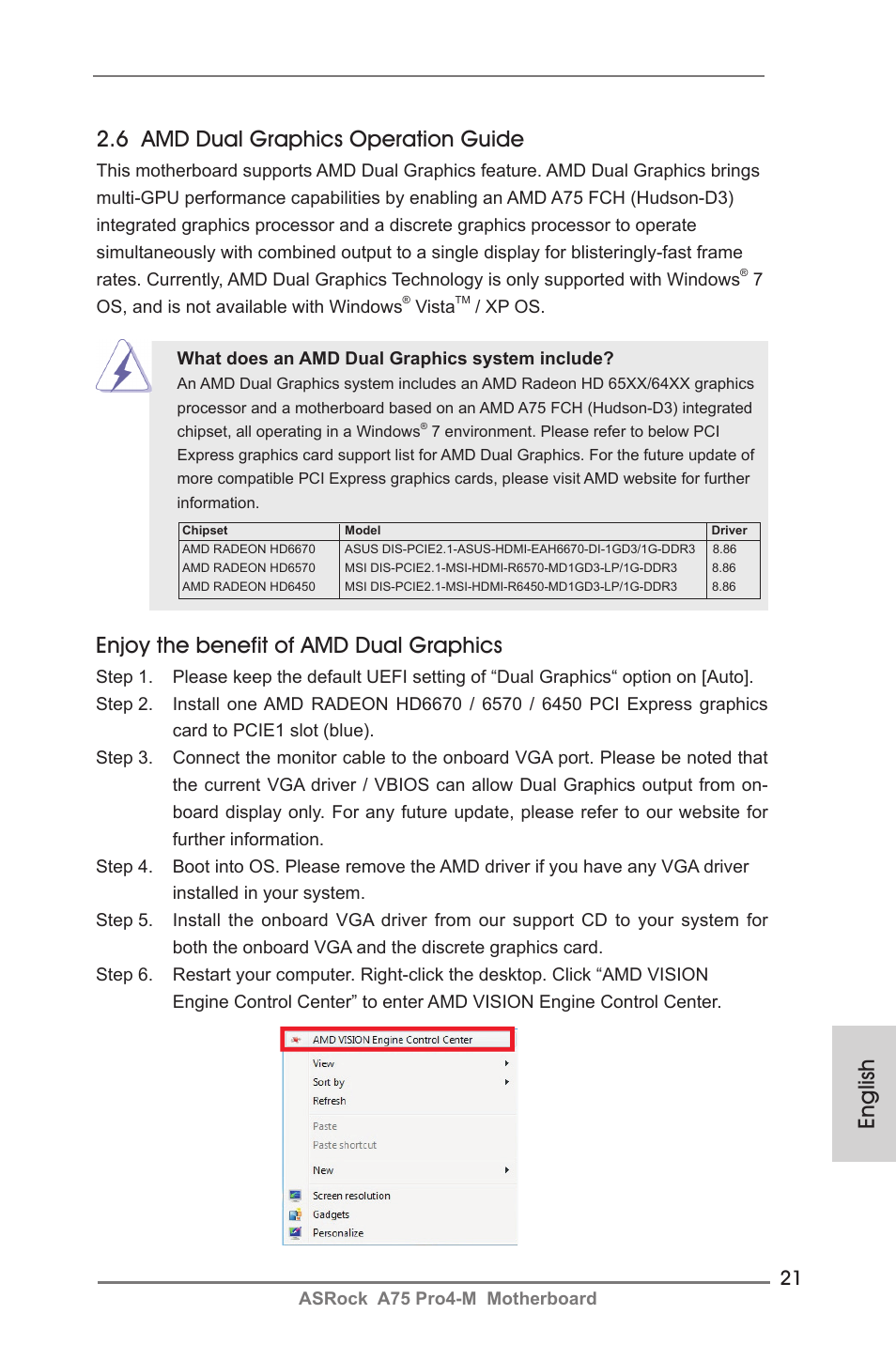 English 2.6 amd dual graphics operation guide, Enjoy the benefit of amd dual graphics | ASRock A75 Pro4-M User Manual | Page 21 / 260