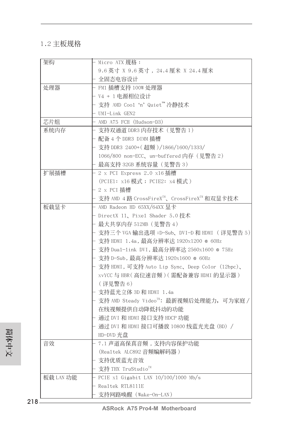 2 主板規格, 簡體中文 | ASRock A75 Pro4-M User Manual | Page 218 / 260