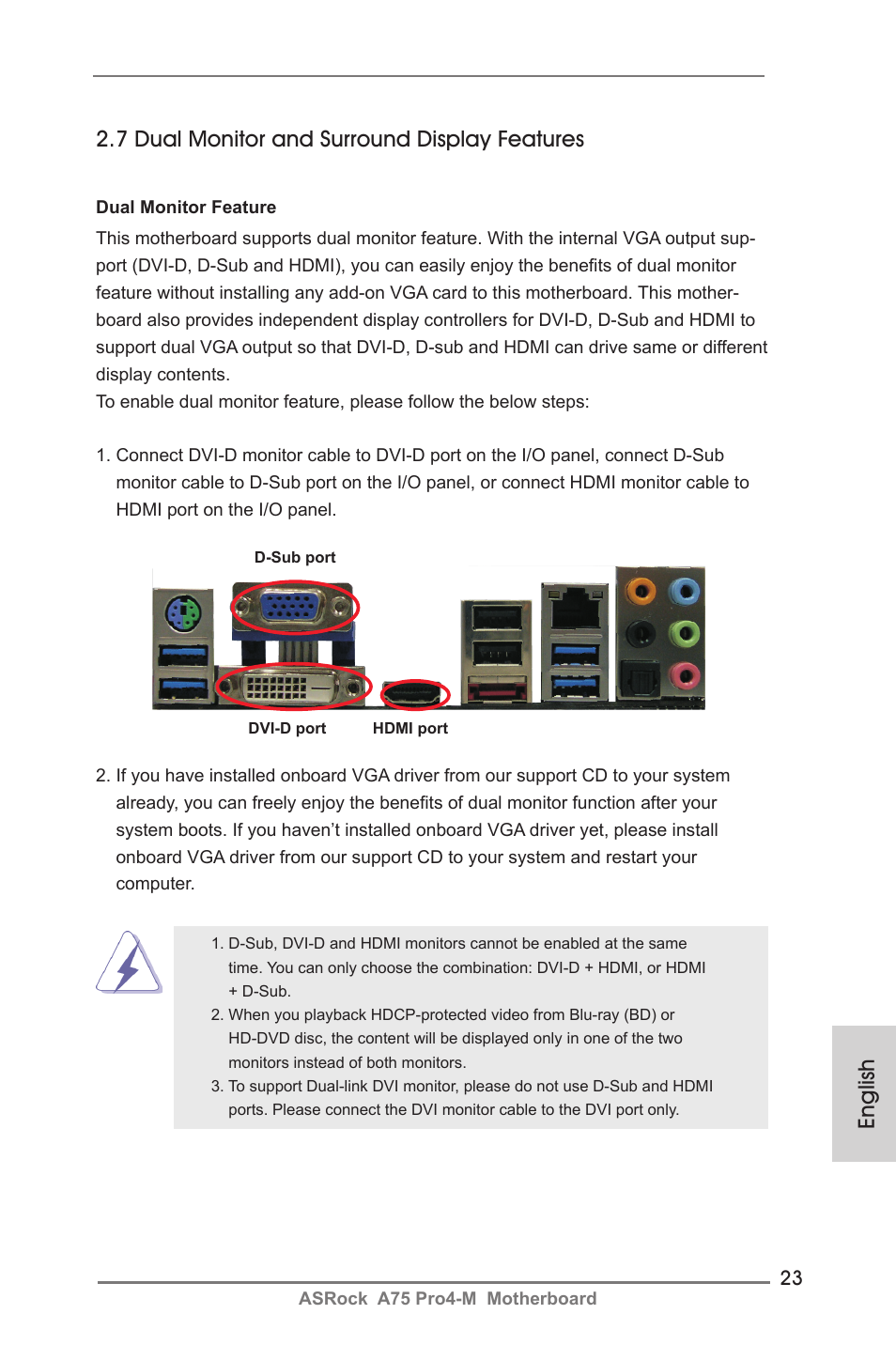 English, 7 dual monitor and surround display features | ASRock A75 Pro4-M User Manual | Page 23 / 260