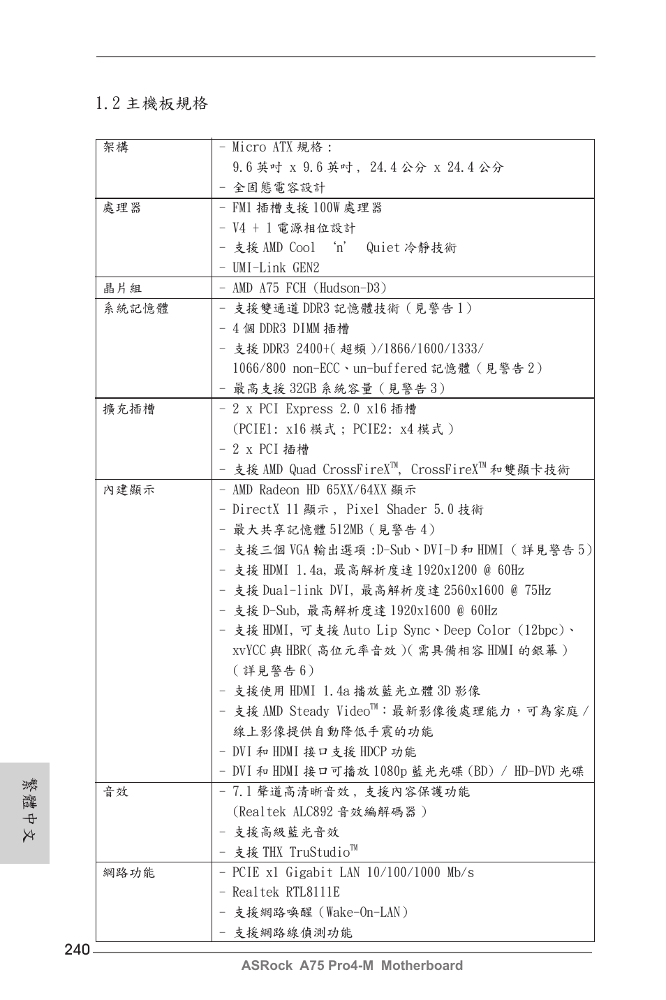 2 主機板規格, 繁體中文 | ASRock A75 Pro4-M User Manual | Page 240 / 260
