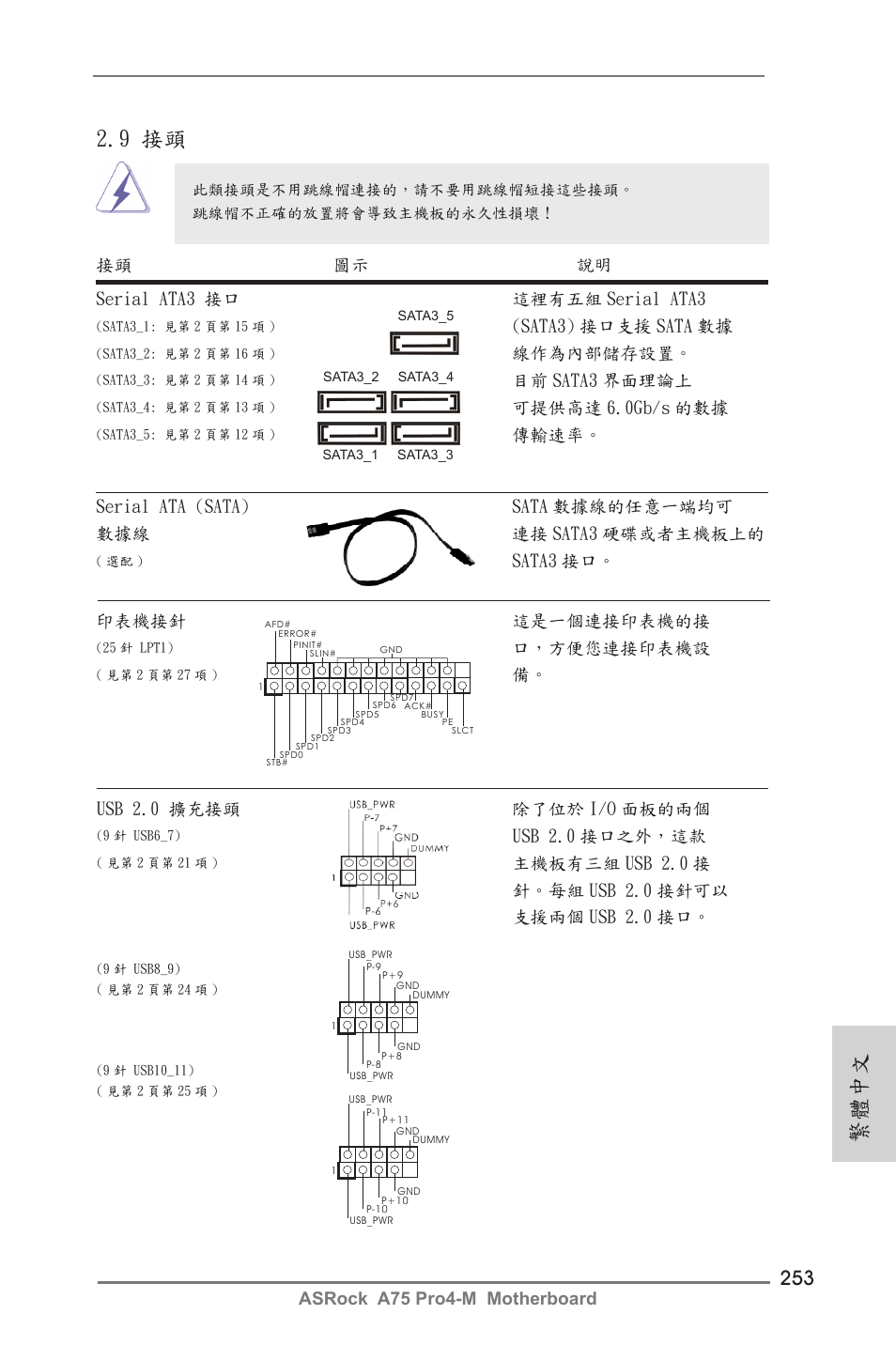 9 接頭, 繁體中文, Sata3 接口。 serial ata3 接口 這裡有五組 serial ata3 | Sata3) 接口支援 sata 數據, 線作為內部儲存設置, 目前 sata3 界面理論上, 可提供高達 6.0gb/s 的數據, 傳輸速率, 接頭 圖示 說明, Usb 2.0 擴充接頭 除了位於 i/o 面板的兩個 | ASRock A75 Pro4-M User Manual | Page 253 / 260