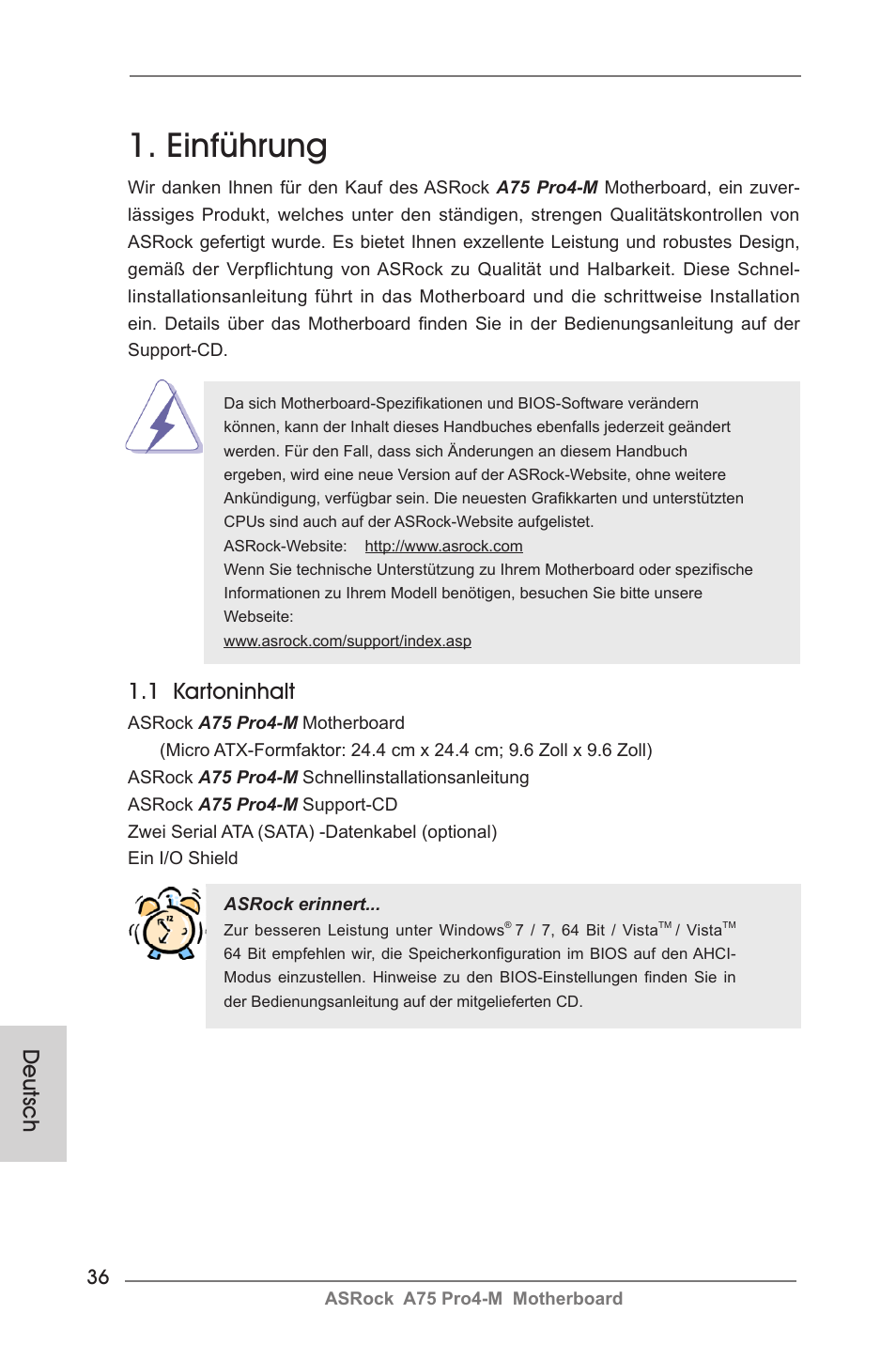 German, Einführung, 1 kartoninhalt | Deutsch | ASRock A75 Pro4-M User Manual | Page 36 / 260