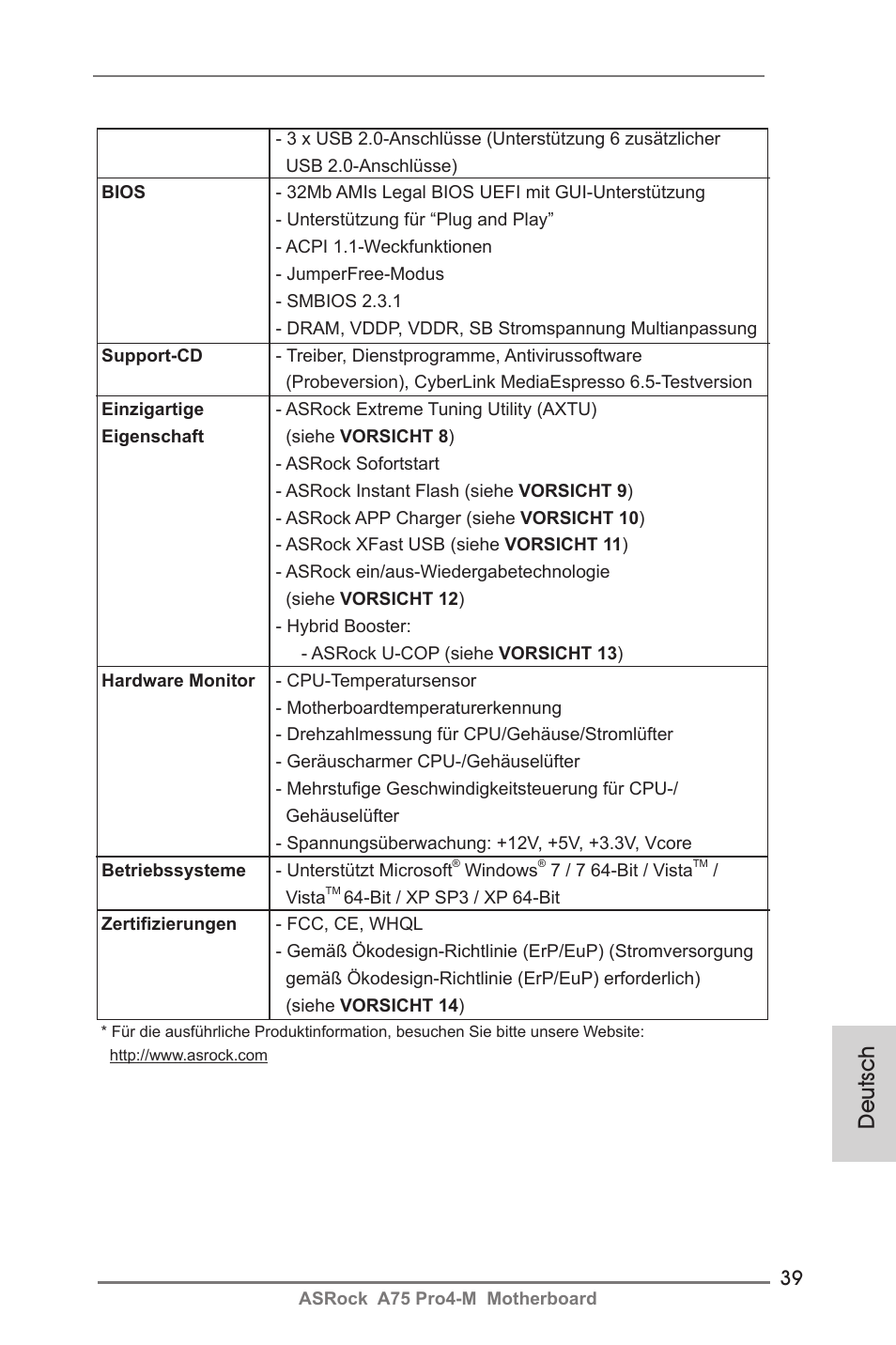 Deutsch | ASRock A75 Pro4-M User Manual | Page 39 / 260