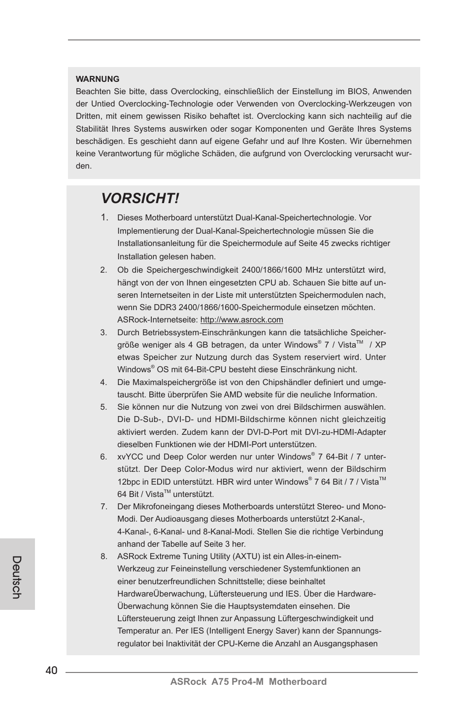 Vorsicht, Deutsch | ASRock A75 Pro4-M User Manual | Page 40 / 260