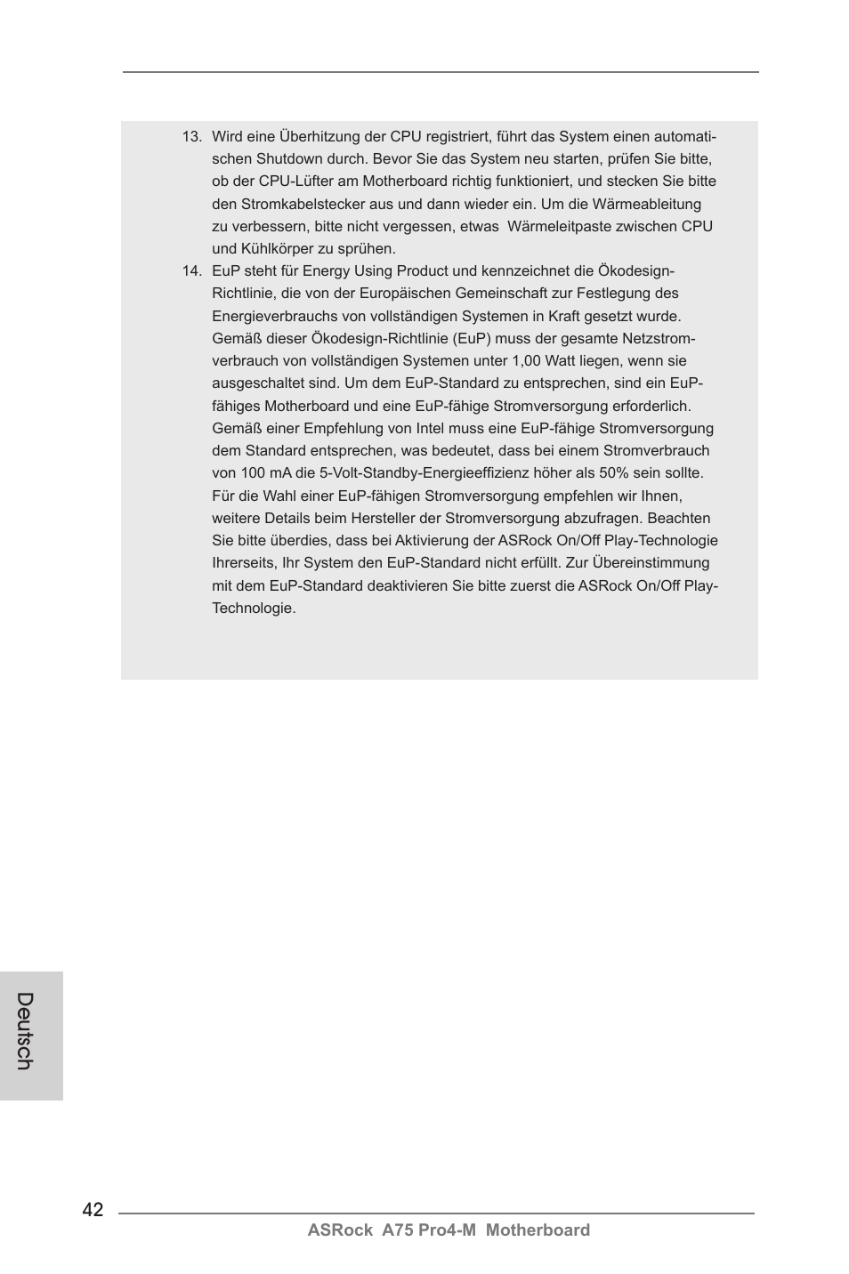 Deutsch | ASRock A75 Pro4-M User Manual | Page 42 / 260