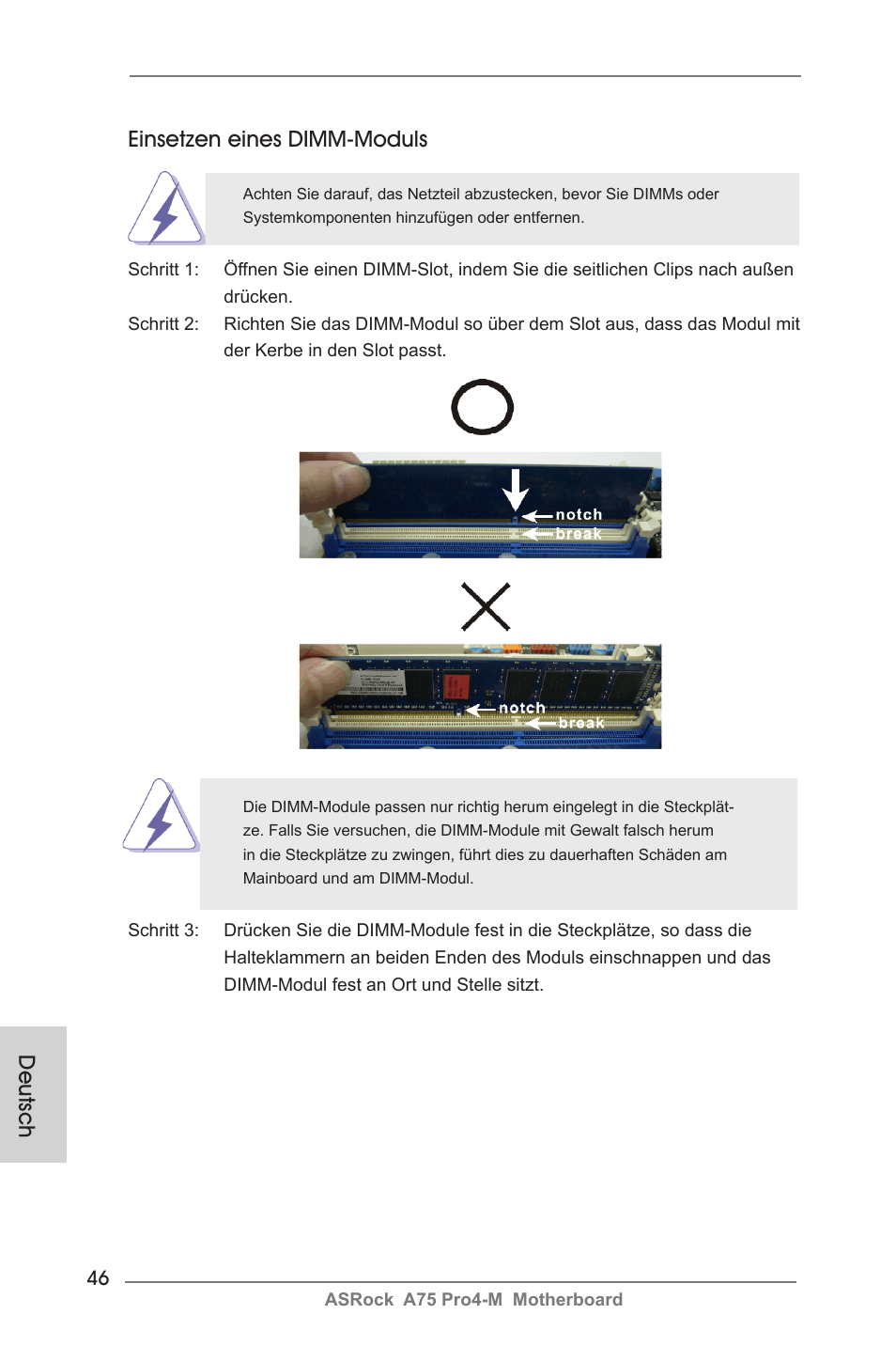 Deutsch einsetzen eines dimm-moduls | ASRock A75 Pro4-M User Manual | Page 46 / 260