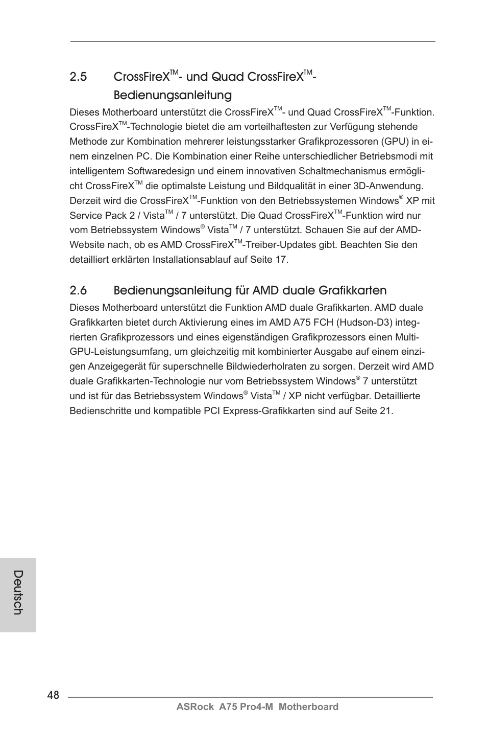 Deutsch 2.5 crossfirex, Und quad crossfirex, Bedienungsanleitung | 6 bedienungsanleitung für amd duale grafikkarten | ASRock A75 Pro4-M User Manual | Page 48 / 260