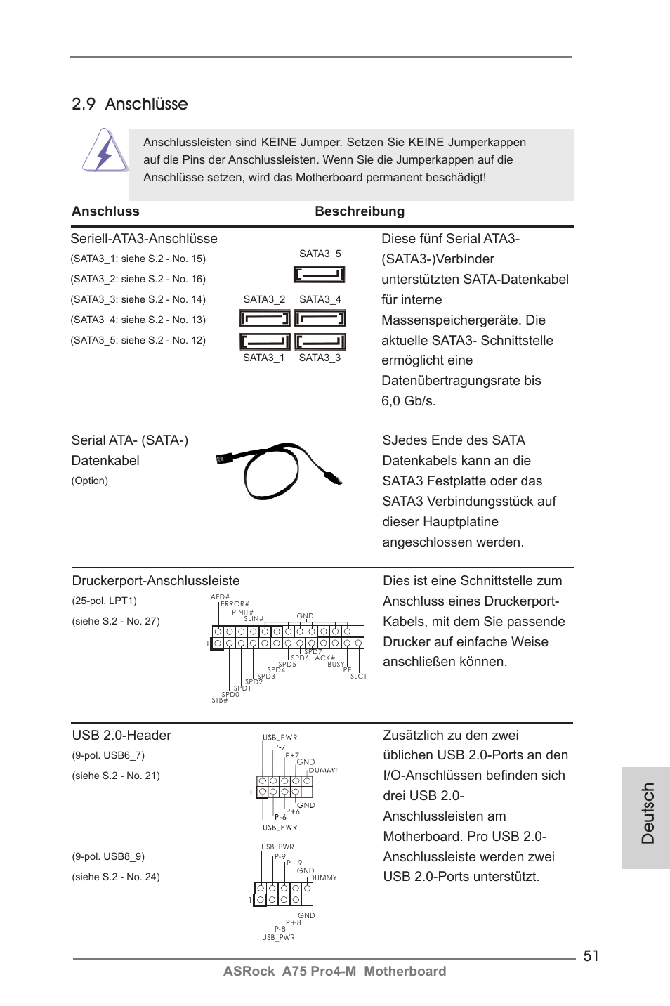 Deutsch, 9 anschlüsse | ASRock A75 Pro4-M User Manual | Page 51 / 260