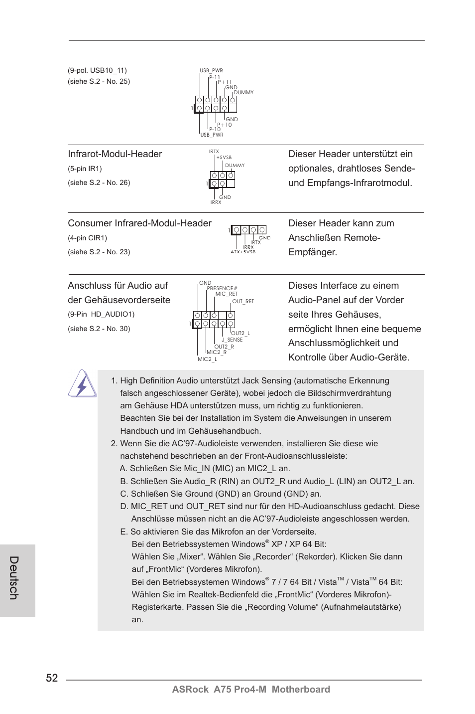 Deutsch, Optionales, drahtloses sende, Seite ihres gehäuses | Anschließen remote, Empfänger | ASRock A75 Pro4-M User Manual | Page 52 / 260