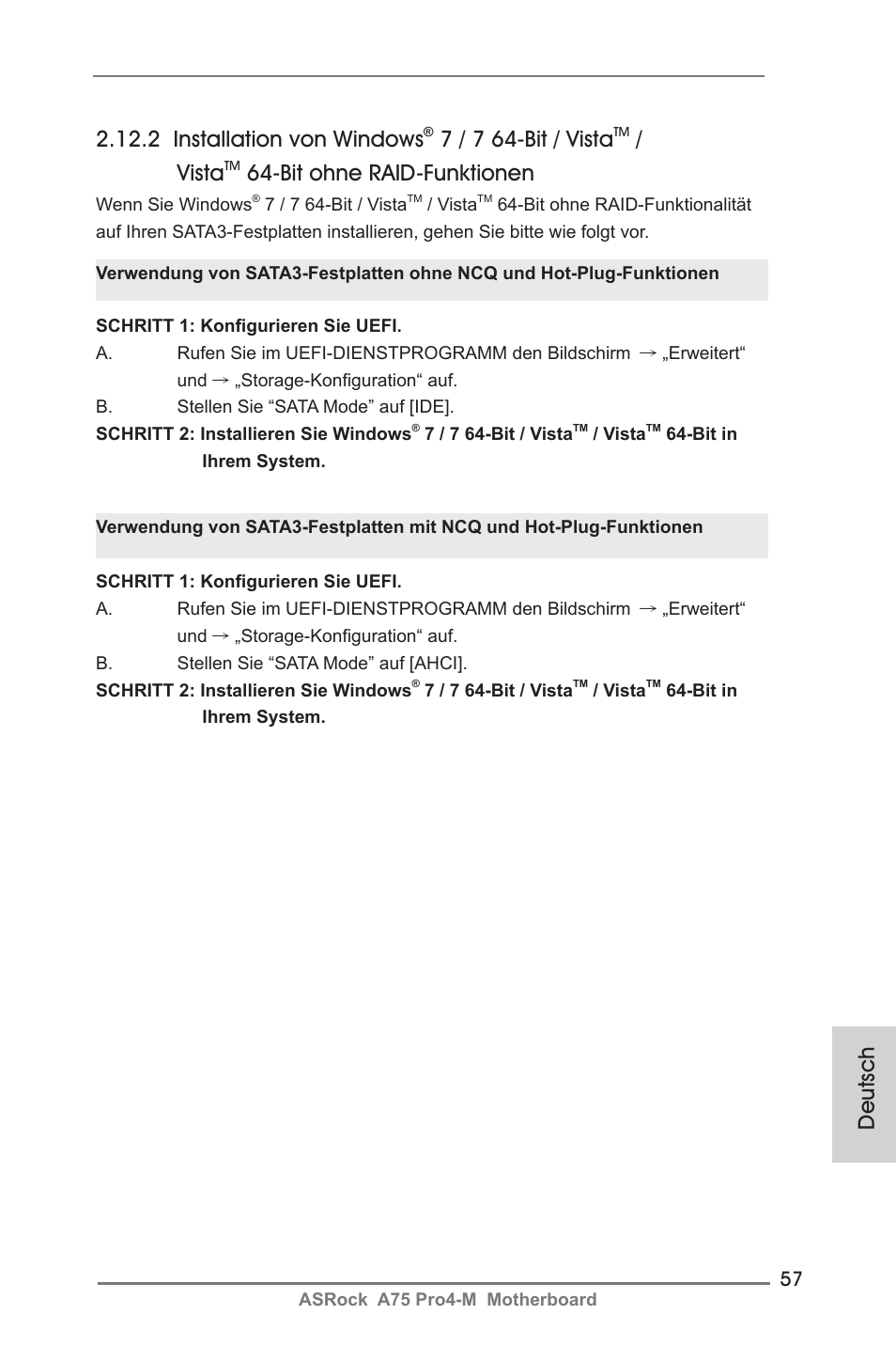 Deutsch, 2 installation von windows, 7 / 7 64-bit / vista | Vista, Bit ohne raid-funktionen | ASRock A75 Pro4-M User Manual | Page 57 / 260