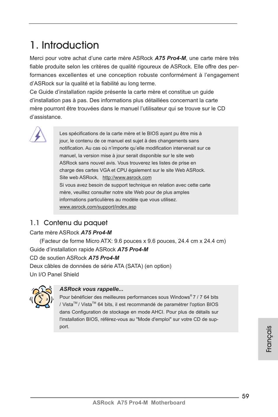 French, Introduction, 1 contenu du paquet | Français | ASRock A75 Pro4-M User Manual | Page 59 / 260