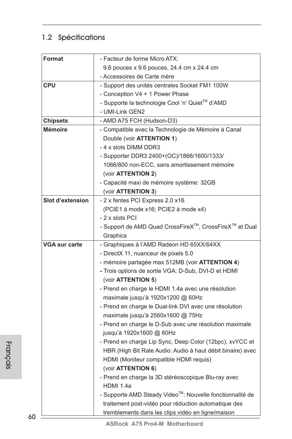 Français 1.2 spécifications | ASRock A75 Pro4-M User Manual | Page 60 / 260