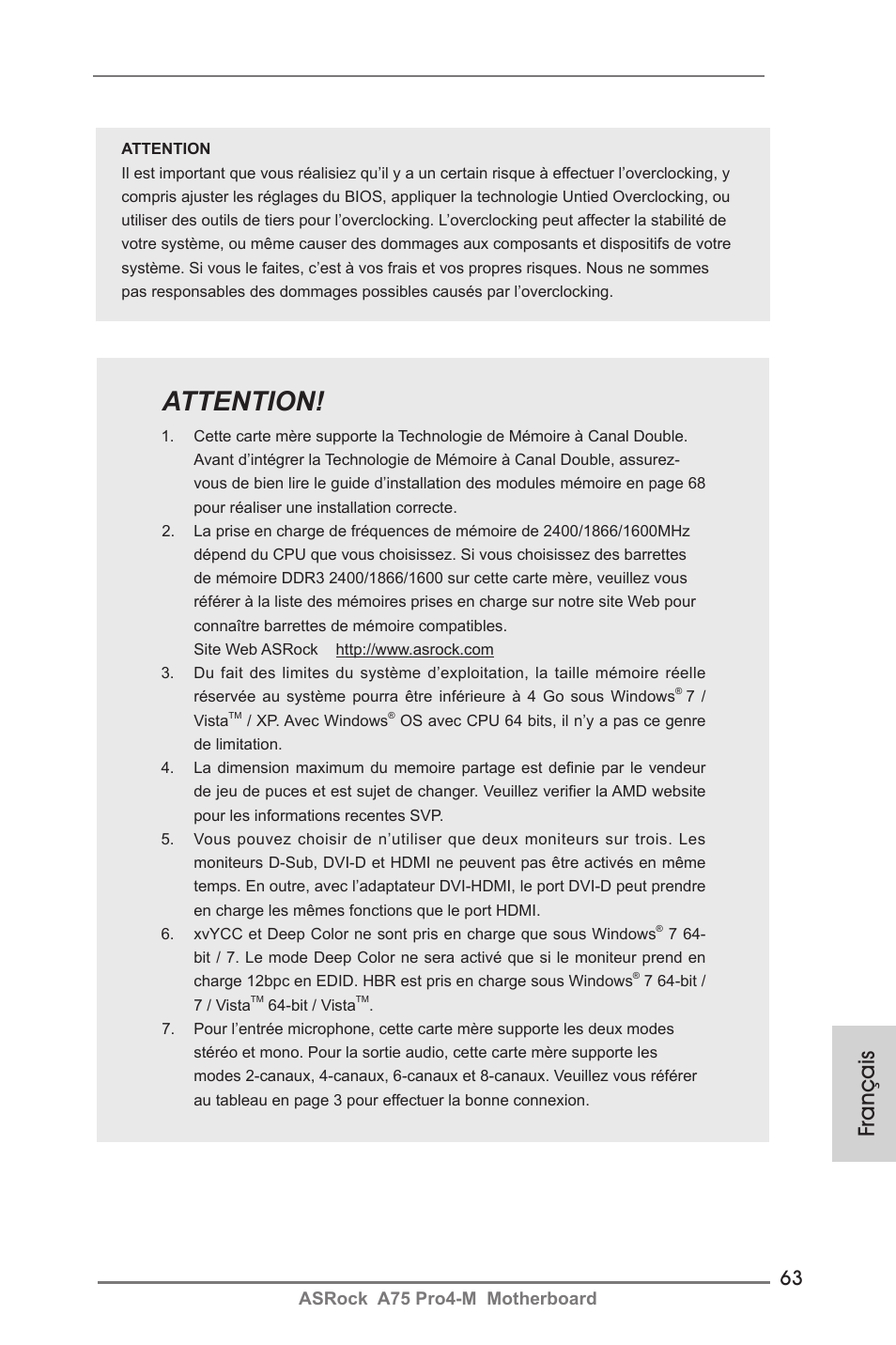 Attention, Français | ASRock A75 Pro4-M User Manual | Page 63 / 260