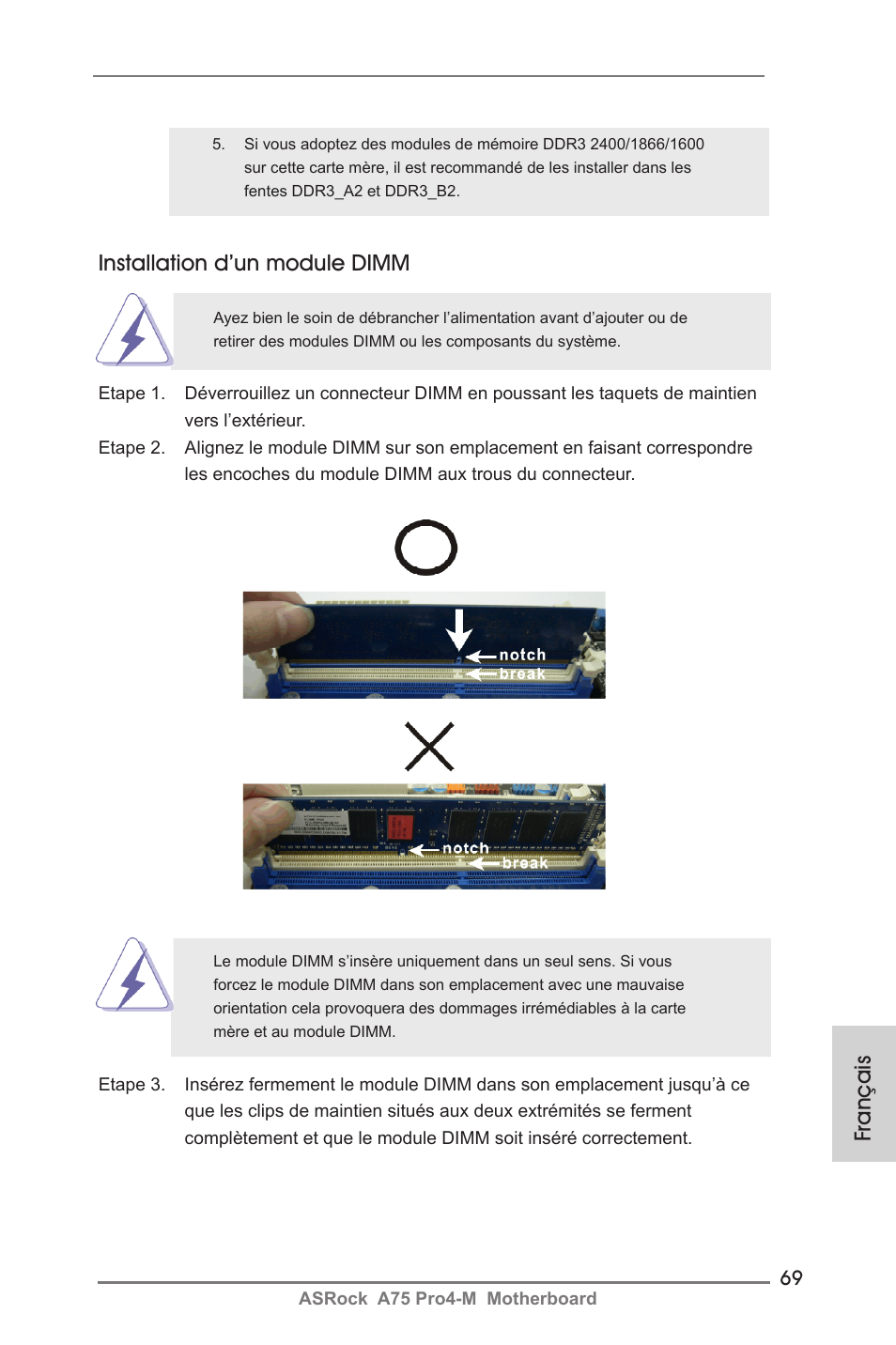 Français installation d’un module dimm | ASRock A75 Pro4-M User Manual | Page 69 / 260
