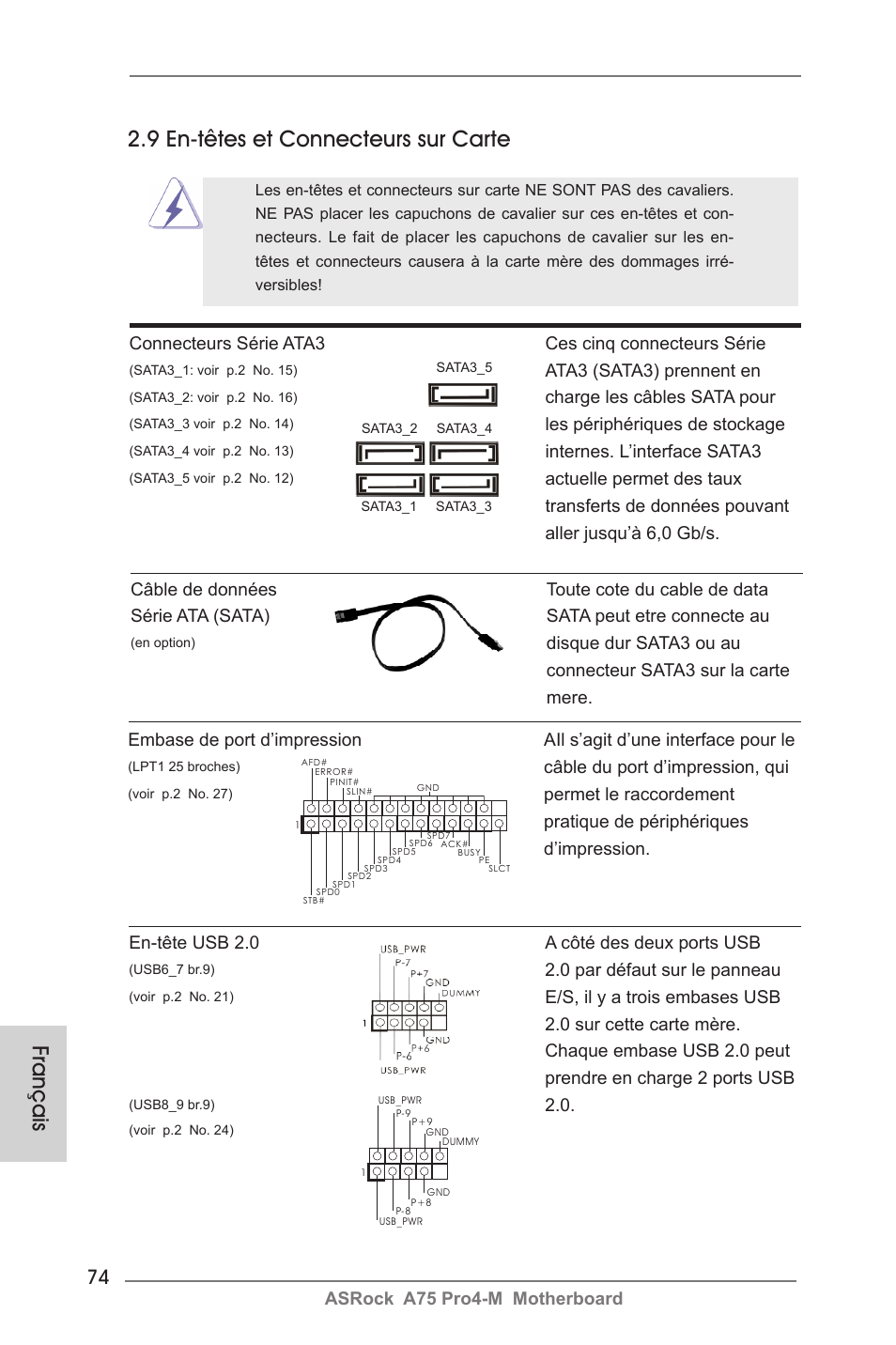 Français, 9 en-têtes et connecteurs sur carte | ASRock A75 Pro4-M User Manual | Page 74 / 260